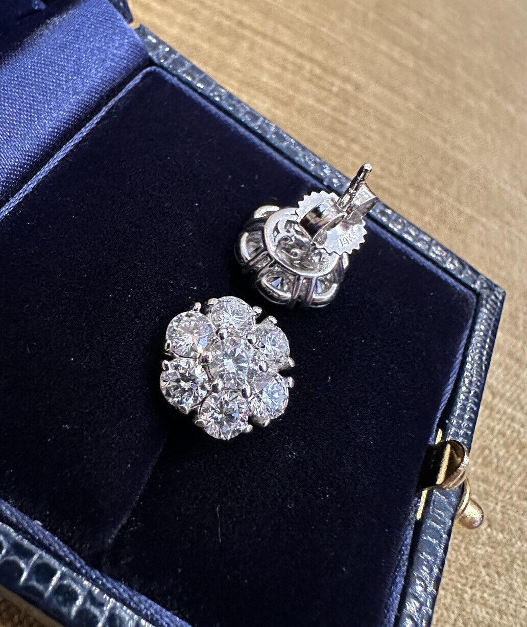 Diamond Floret Cluster Stud Earrings 3.10 Carat Total Weight in 14k White Gold In Excellent Condition For Sale In La Jolla, CA