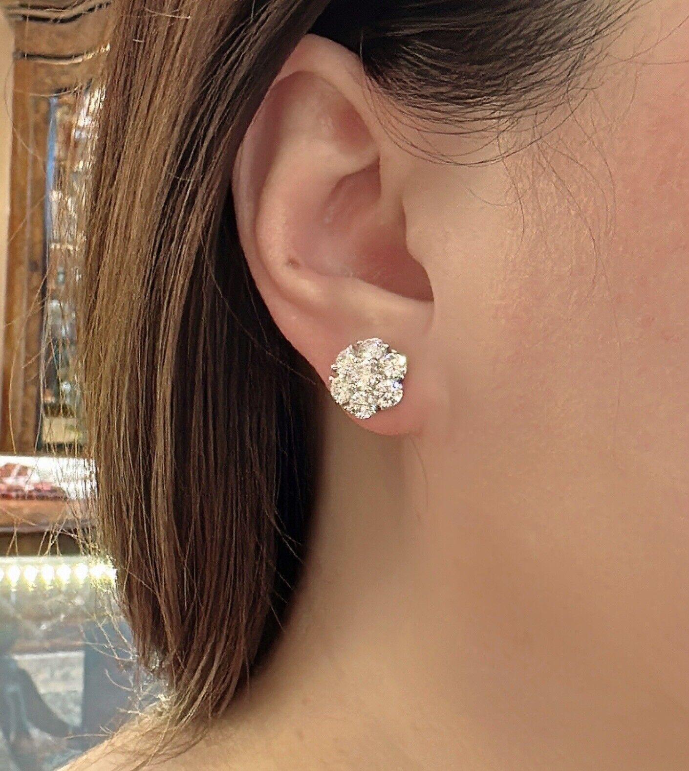 Diamond Floret Cluster Stud Earrings 3.10 Carat Total Weight in 14k White Gold For Sale 2