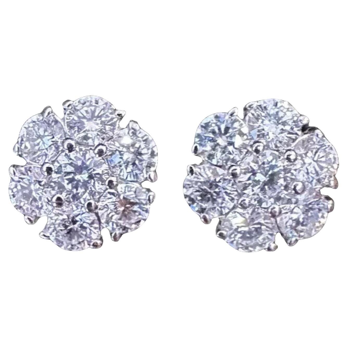 Diamond Floret Cluster Stud Earrings 3.10 Carat Total Weight in 14k White Gold For Sale