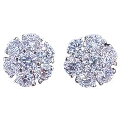 Diamond Floret Cluster Stud Earrings 3.10 Carat Total Weight in 14k White Gold