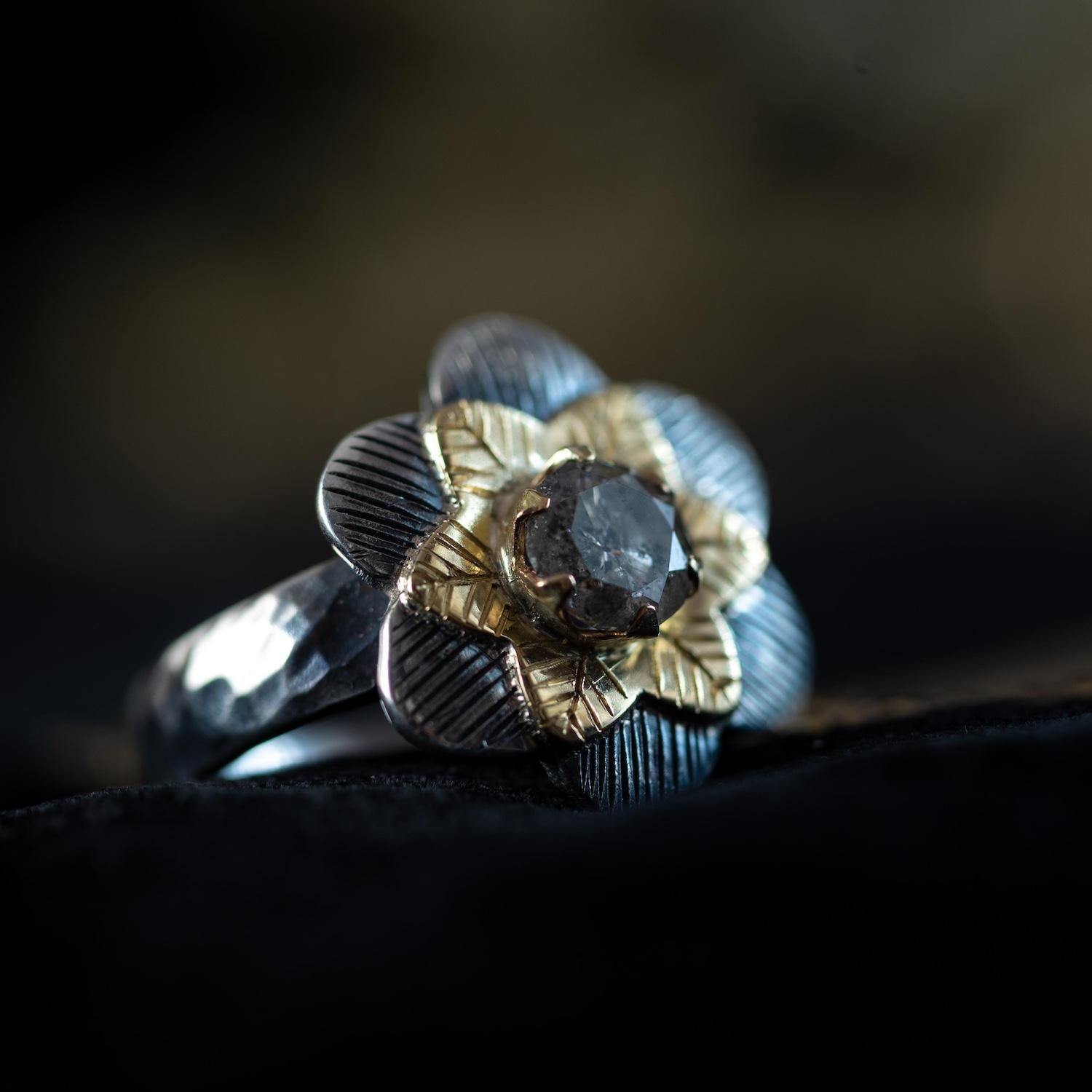Contemporary Diamond Flower 14k Gold Silver Cocktail Ring For Sale