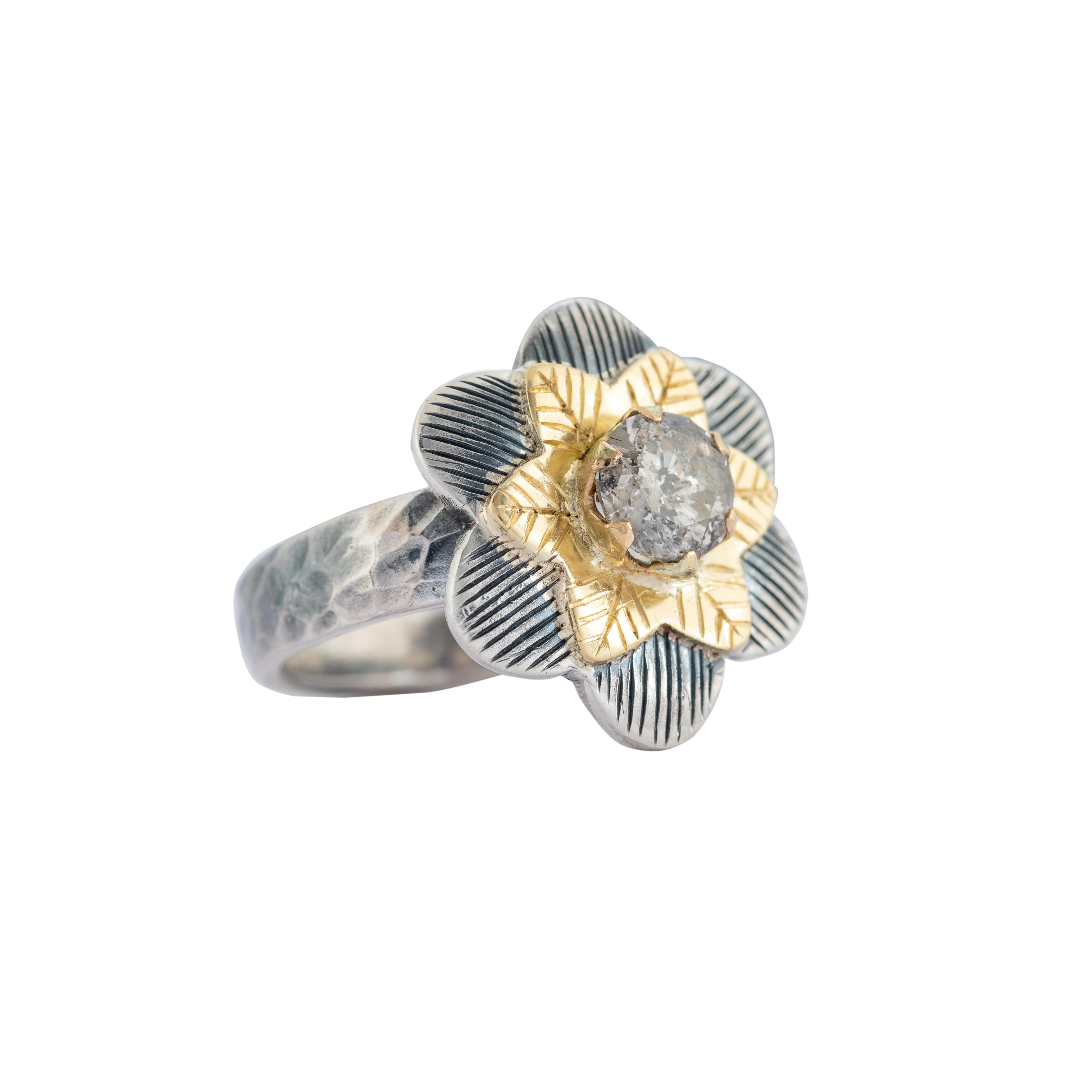 Brilliant Cut Diamond Flower 14k Gold Silver Cocktail Ring For Sale