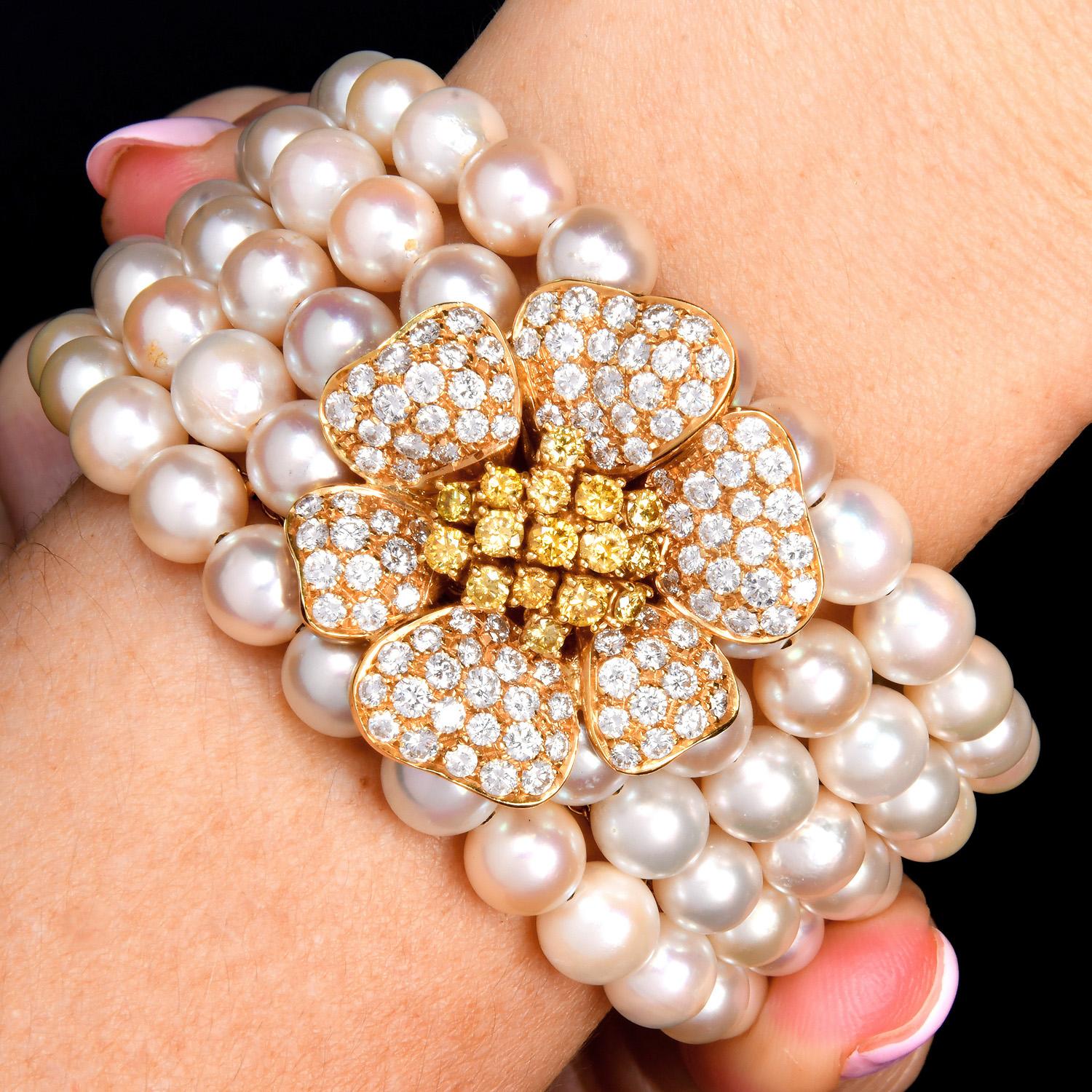 Diamond Flower 5-Rows Pearl 18K Yellow Gold Cuff Bracelet For Sale 4