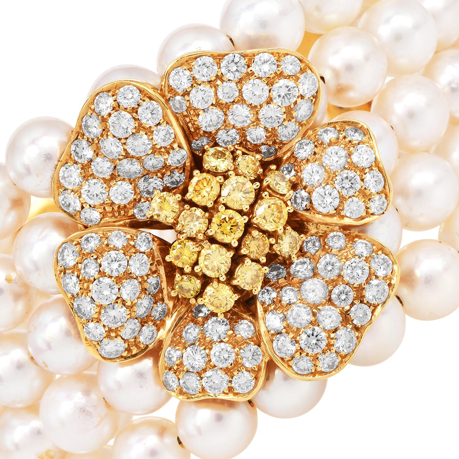 Vintage Diamond & Pearl 18K Yellow Gold Cuff Bracelet – 1980s

A stunning statement of timeless elegance, this vintage 1980s cuff bracelet is a true collector’s piece, meticulously crafted in solid 18k yellow gold. The centerpiece features an
