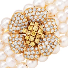 Diamond Flower 5-Rows Pearl 18K Yellow Gold Cuff Bracelet