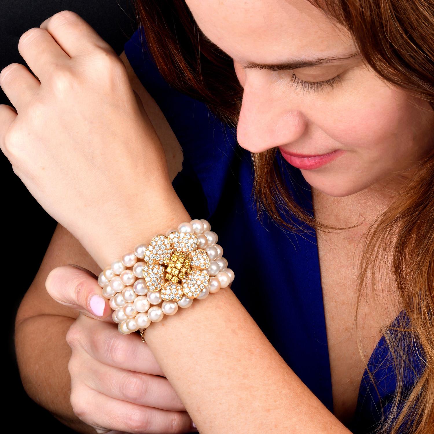 Artisan Diamond Flower 5-Rows Pearl 18K Yellow Gold Cuff Bracelet For Sale