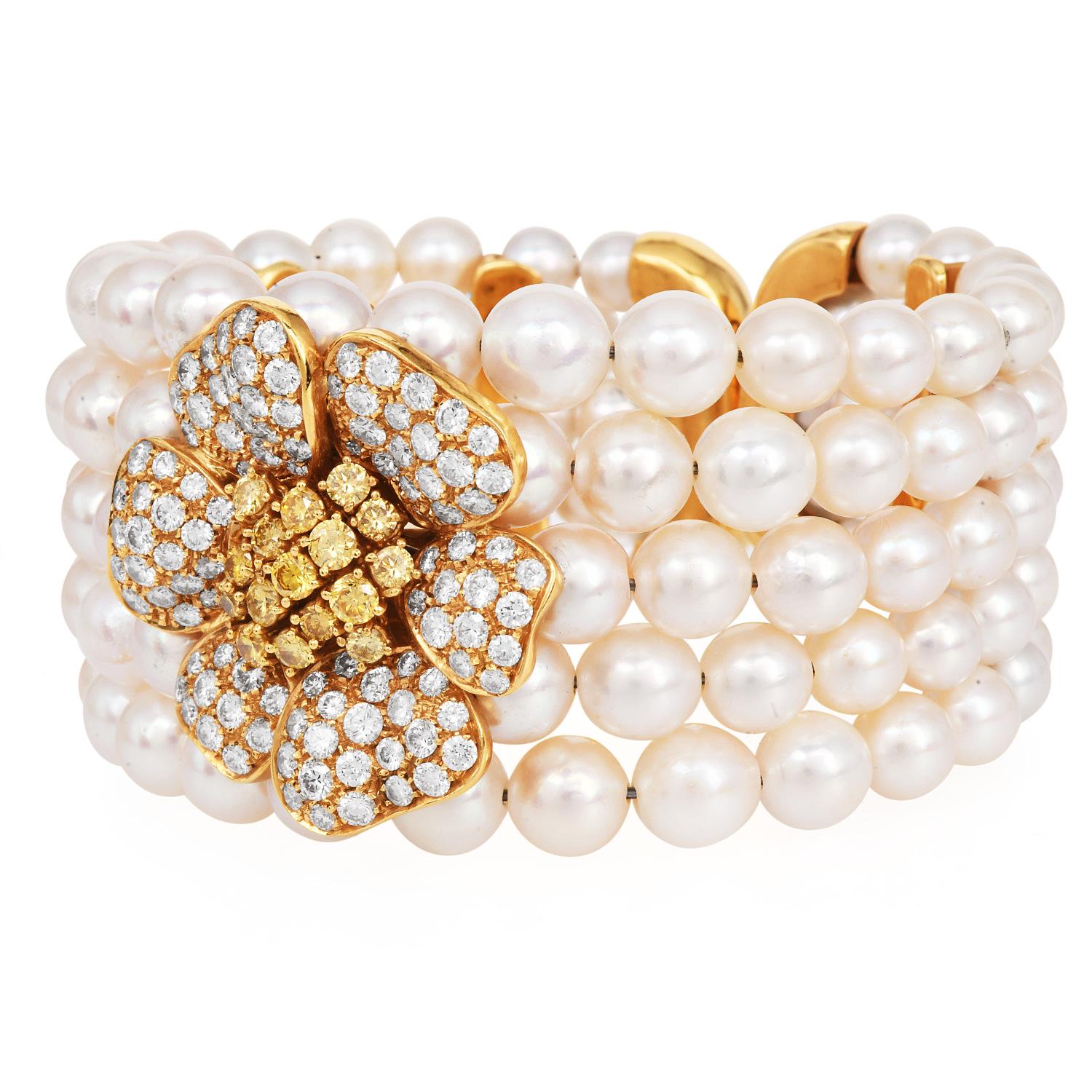 Round Cut Diamond Flower 5-Rows Pearl 18K Yellow Gold Cuff Bracelet For Sale