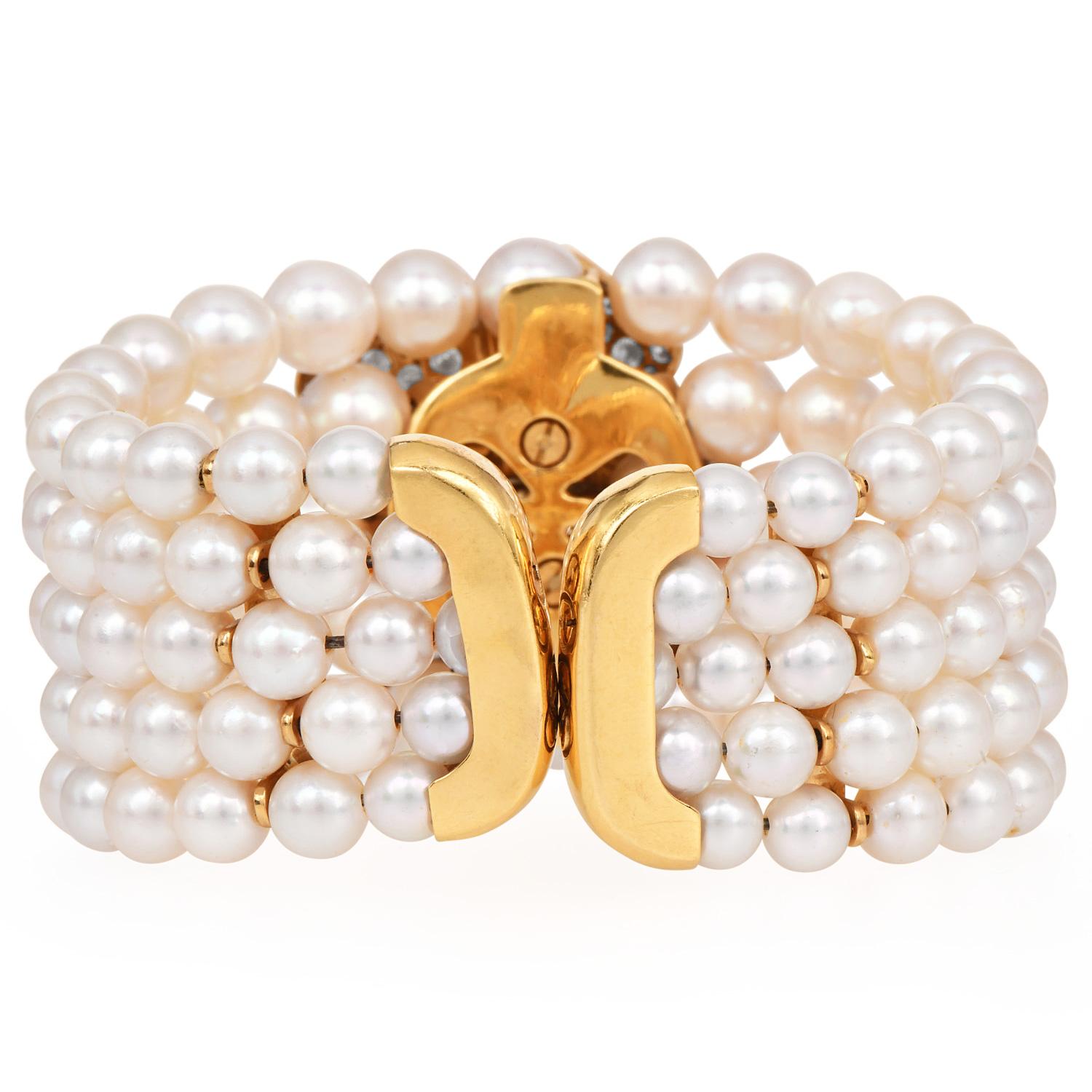 Women's Diamond Flower 5-Rows Pearl 18K Yellow Gold Cuff Bracelet For Sale
