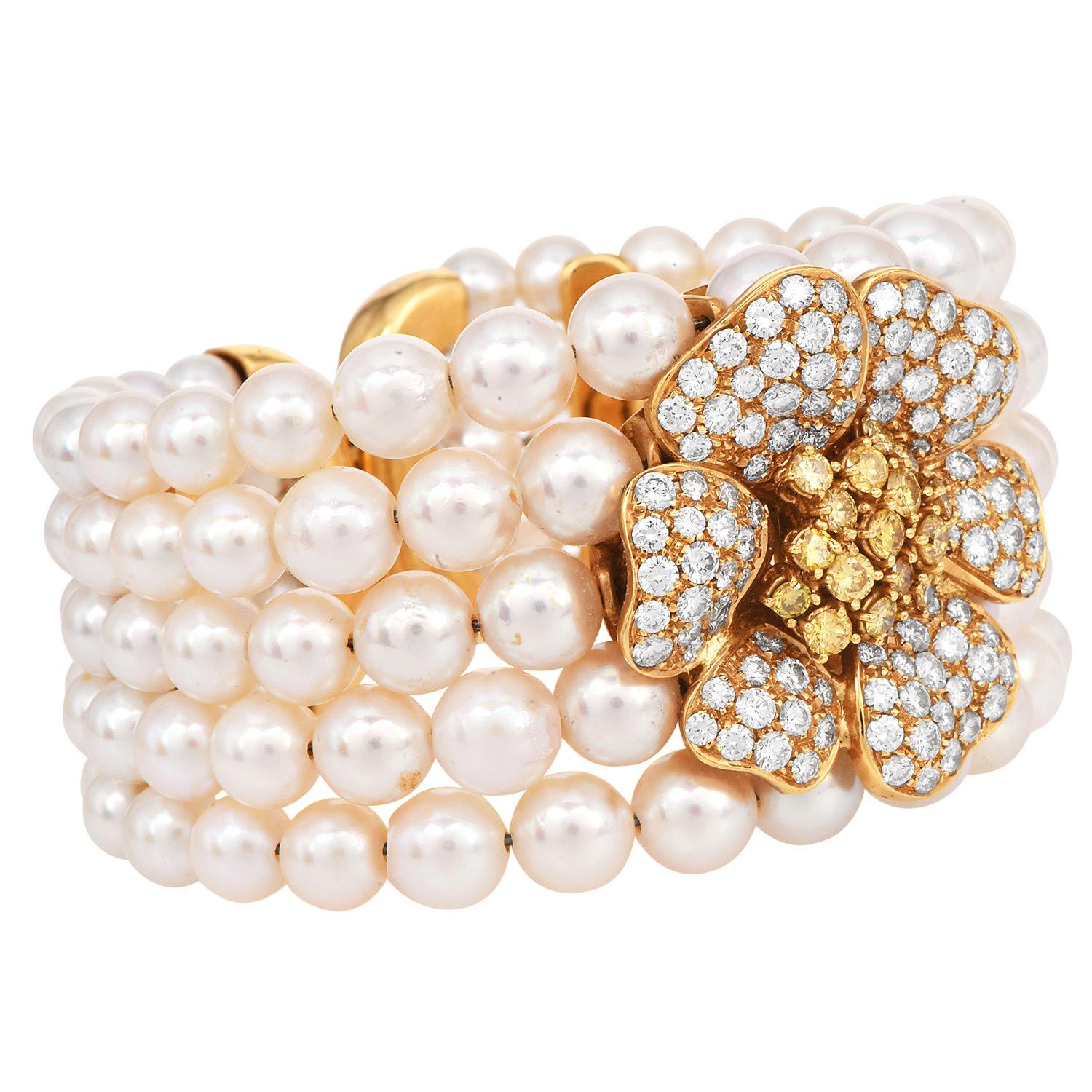 Diamond Flower 5-Rows Pearl 18K Yellow Gold Cuff Bracelet For Sale 1