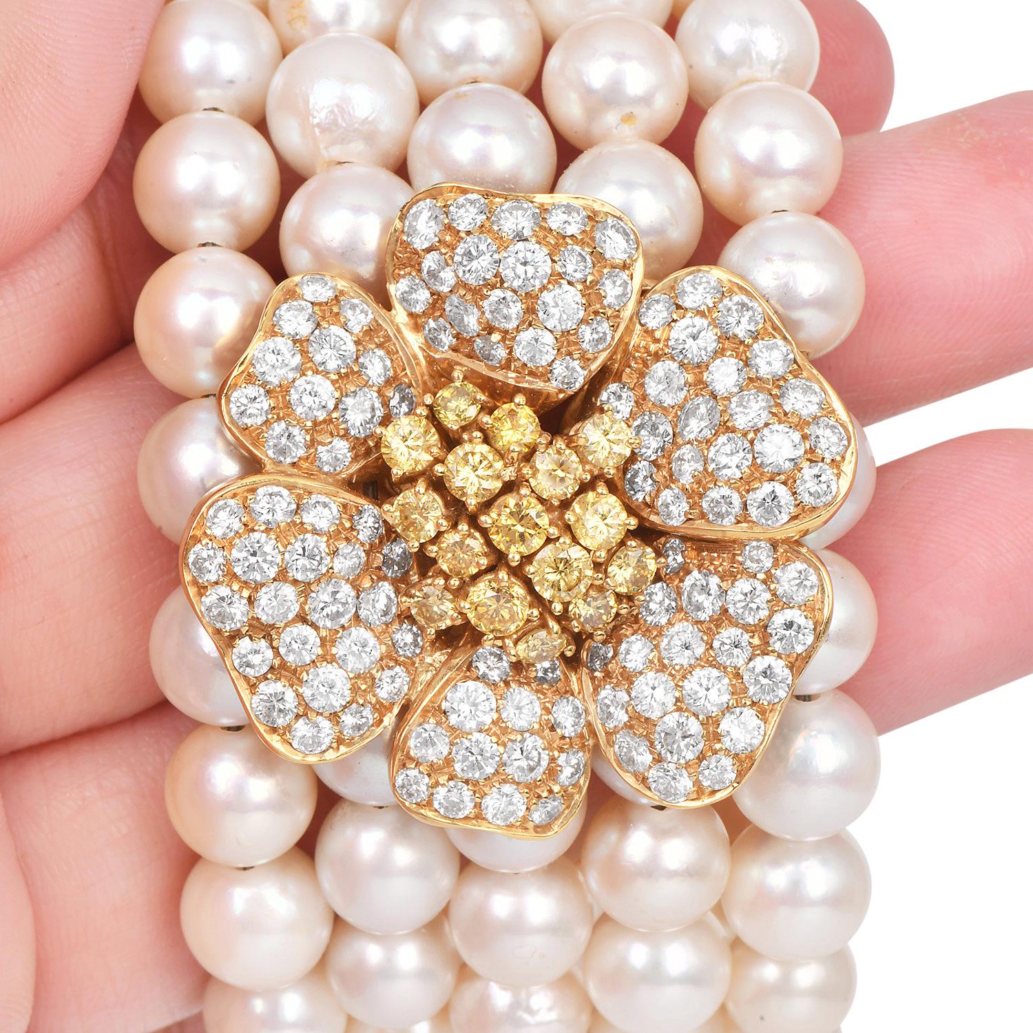 Diamond Flower 5-Rows Pearl 18K Yellow Gold Cuff Bracelet For Sale 2