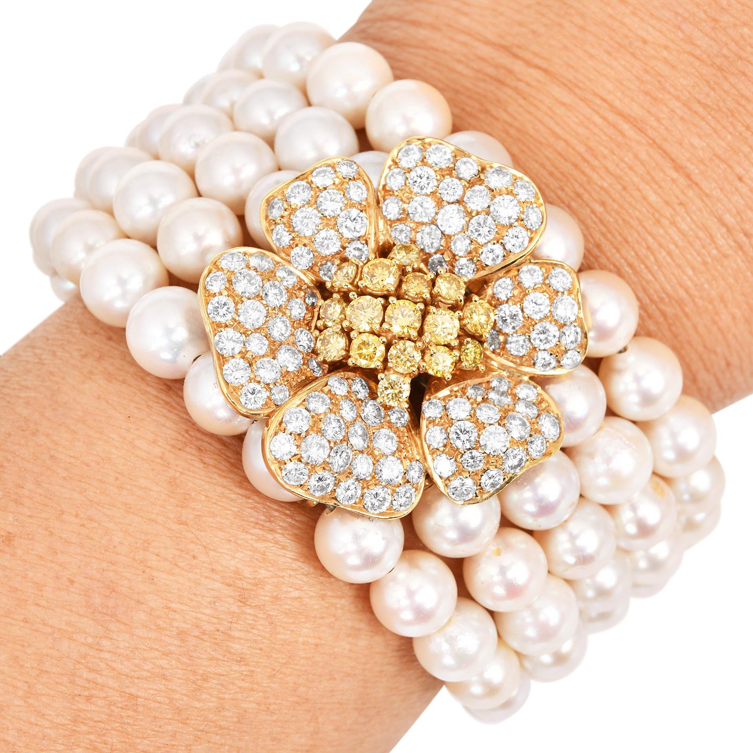 Diamond Flower 5-Rows Pearl 18K Yellow Gold Cuff Bracelet For Sale 3