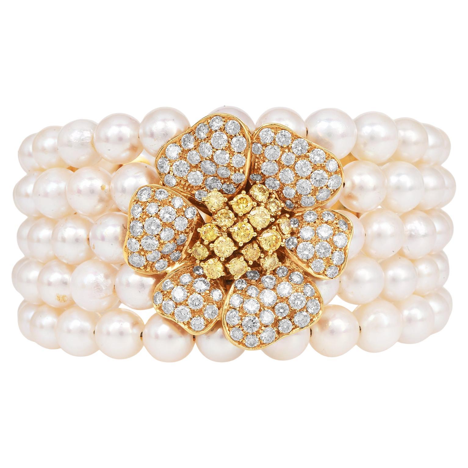 Diamond Flower 5-Rows Pearl 18K Yellow Gold Cuff Bracelet