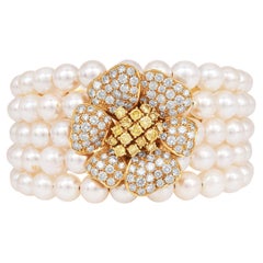Diamond Flower 5-Rows Pearl 18K Yellow Gold Cuff Bracelet