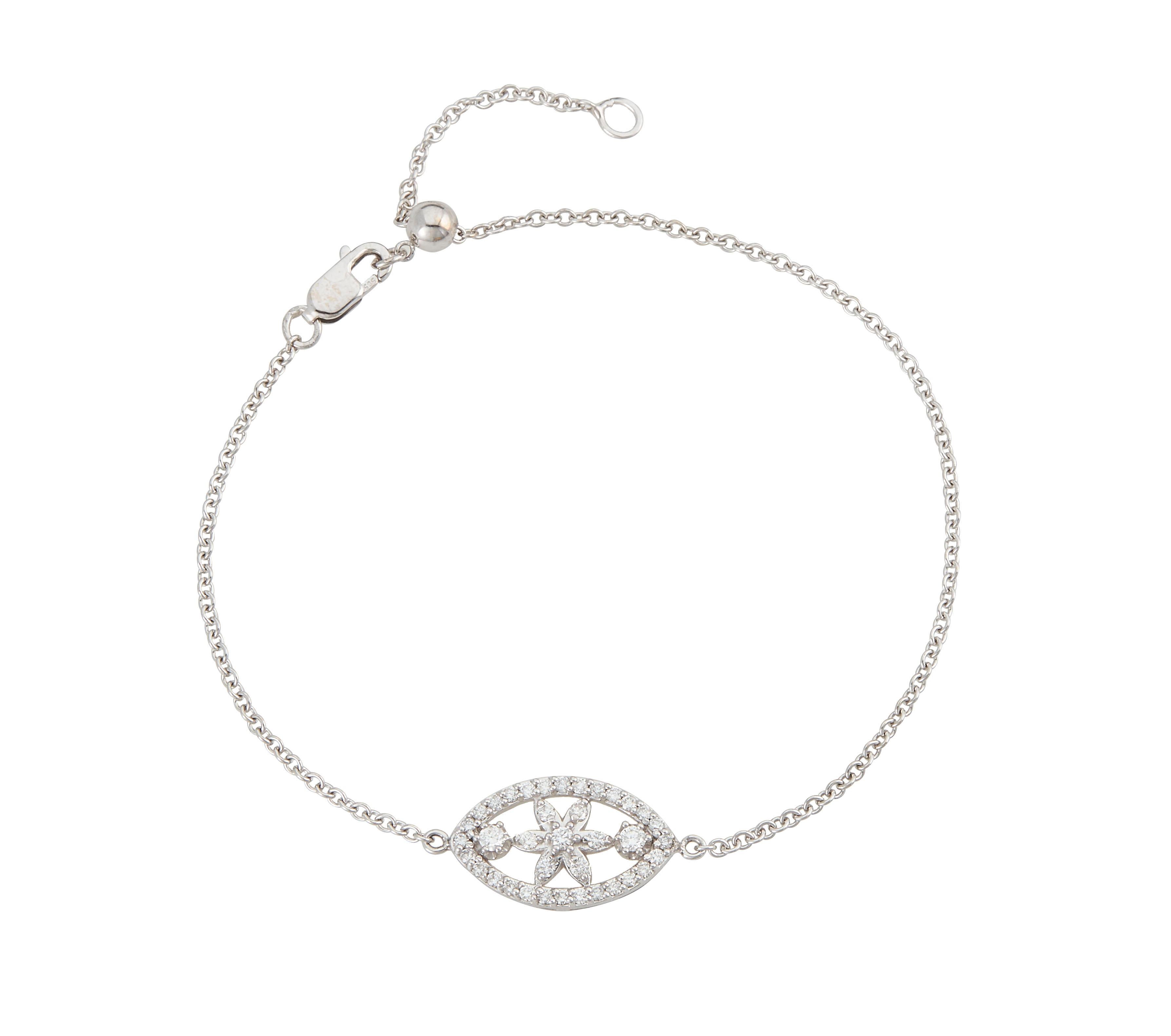 Round Cut Diamond Flower Adjustable Bolo Bracelet 14k White Gold Dainty Floral Chain For Sale