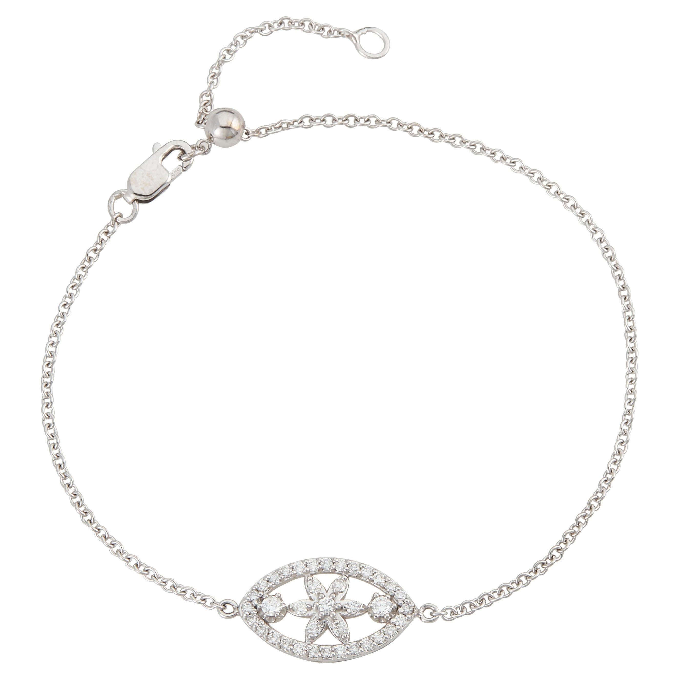 Diamond Flower Adjustable Bolo Bracelet 14k White Gold Dainty Floral Chain For Sale