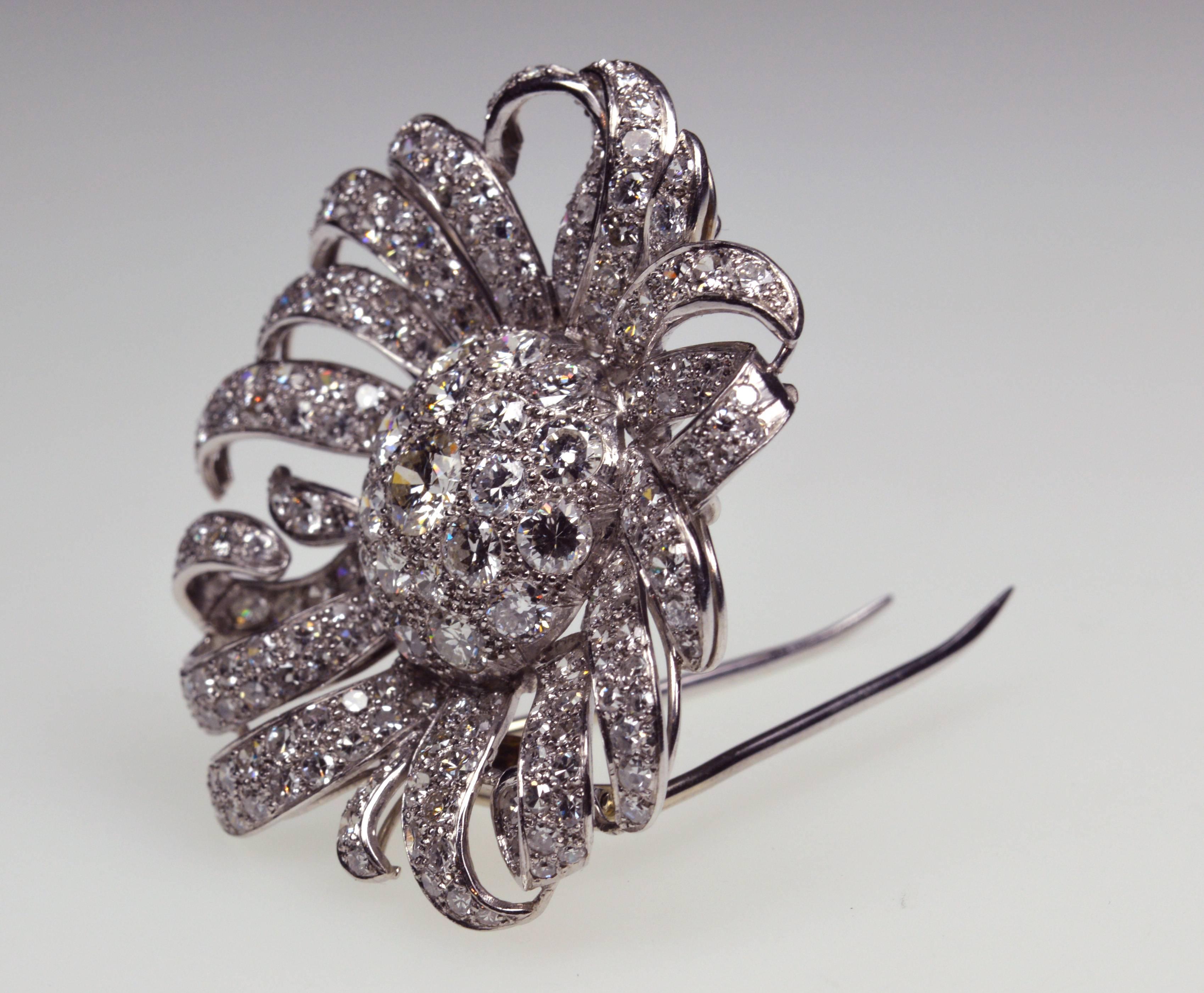 Dazzling flower brooch with a middle stone of ca. 1.00ct round diamond, surrounded of 221 diamonds together ca. 11.00ct.
Quality of the diamonds: H-I color, VS-SI clarity. In platinum 