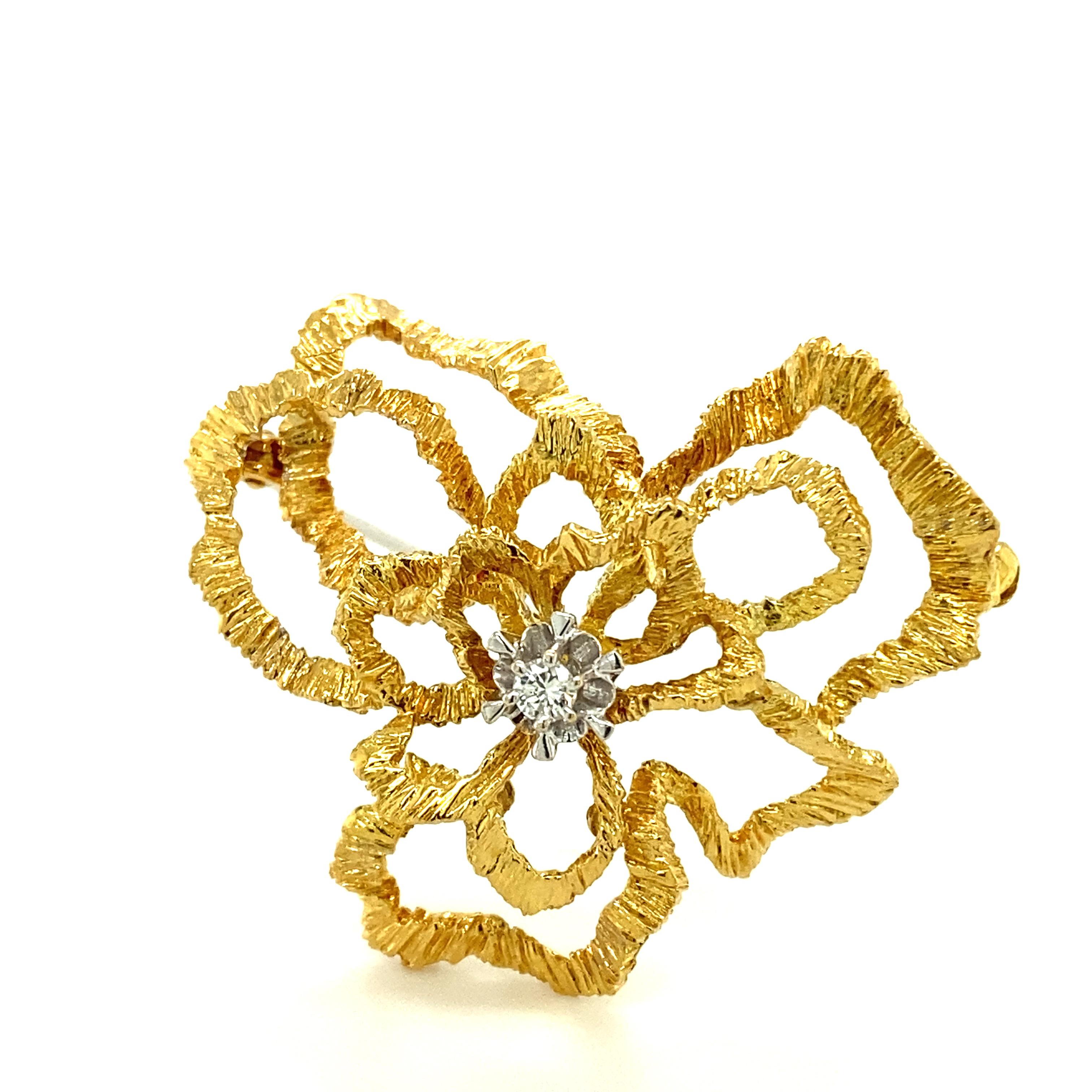 Retro Diamond Flower Brooch in 18 Karat Yellow and White Gold
