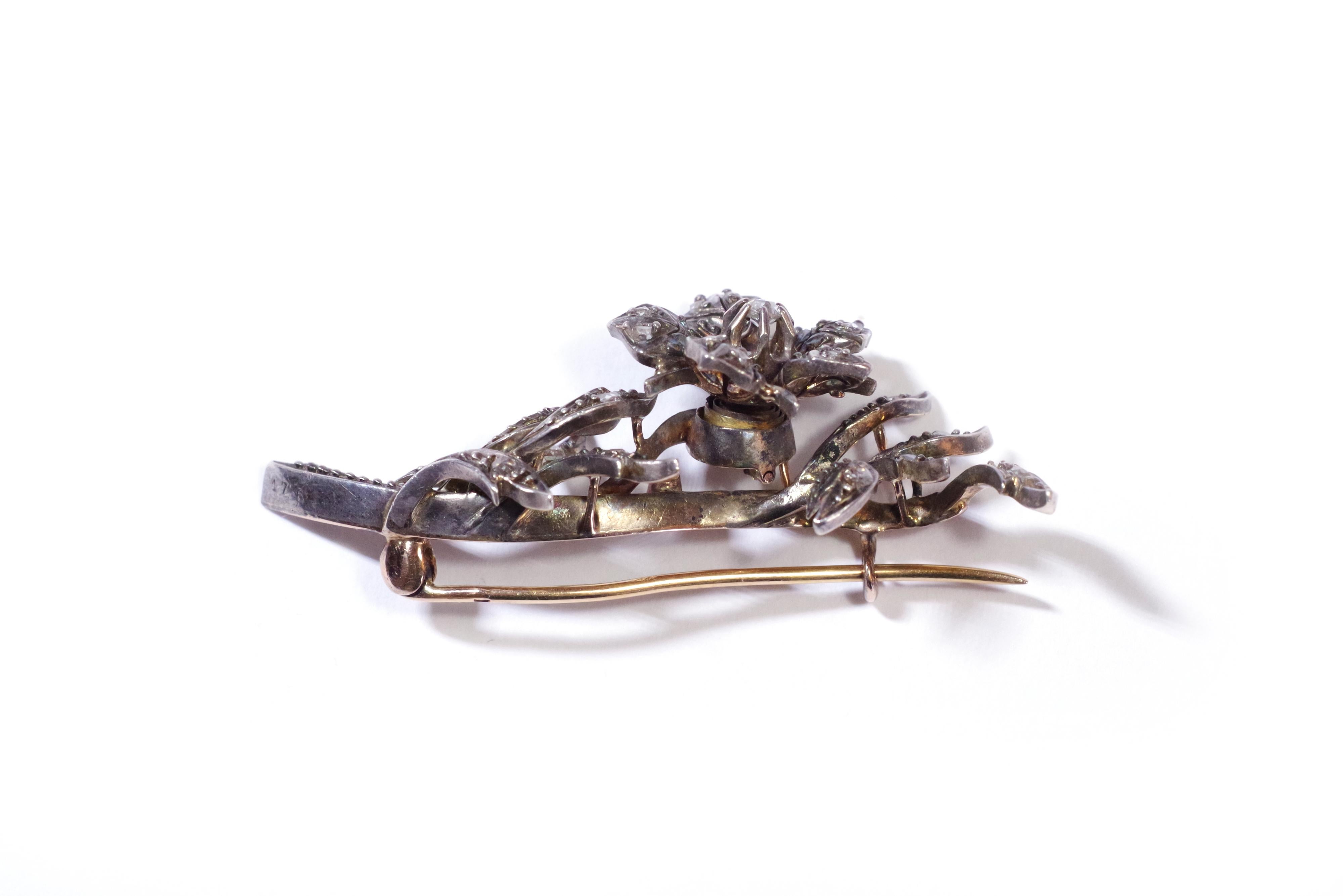 Victorian Diamond Flower Brooch Tremblant in 18k Gold and Silver