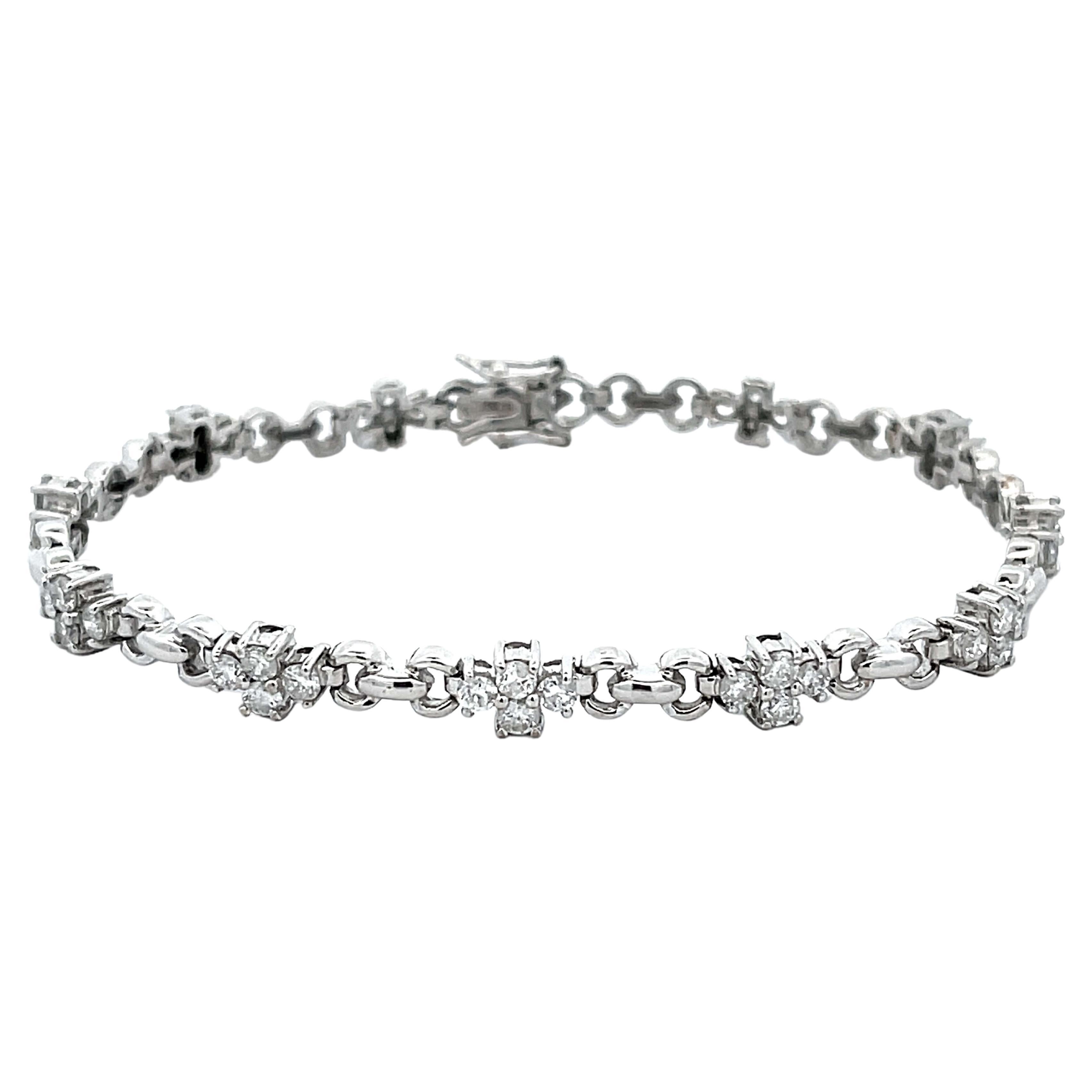 Diamond Flower Chain Link Bracelet in 14k White Gold For Sale