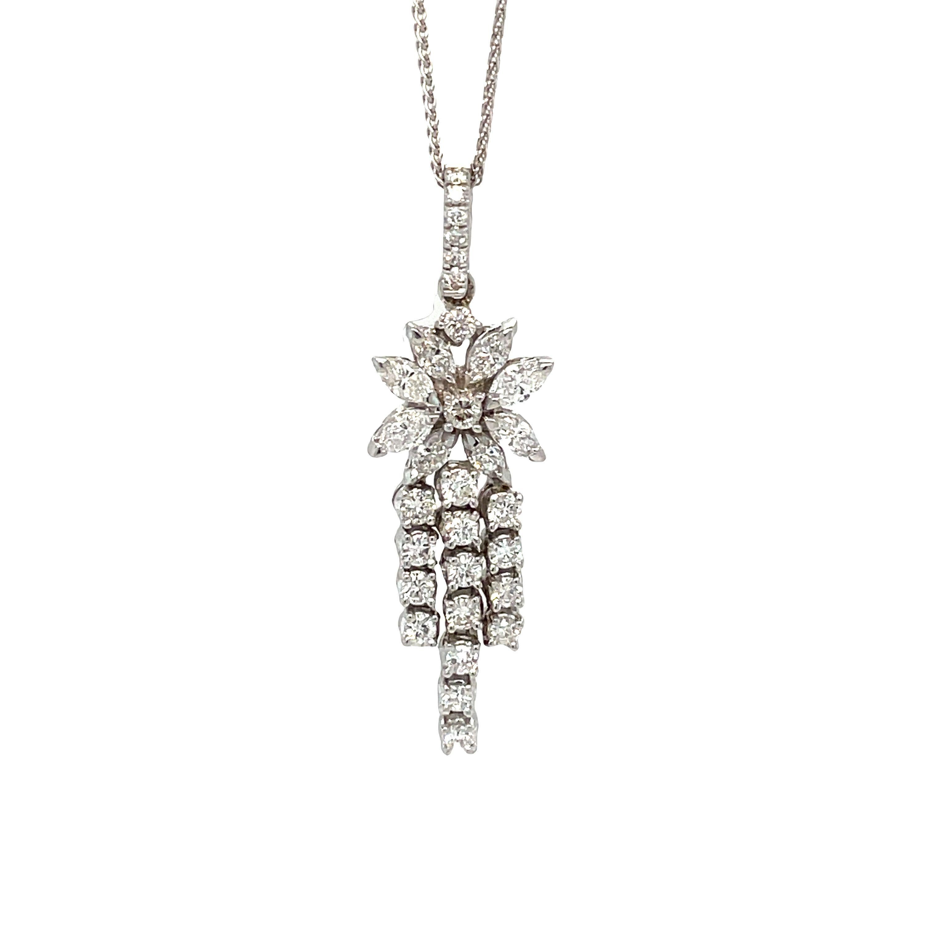 Diamond Flower Cluster Drop Pendant Necklace in 14k White Gold In Excellent Condition For Sale In beverly hills, CA
