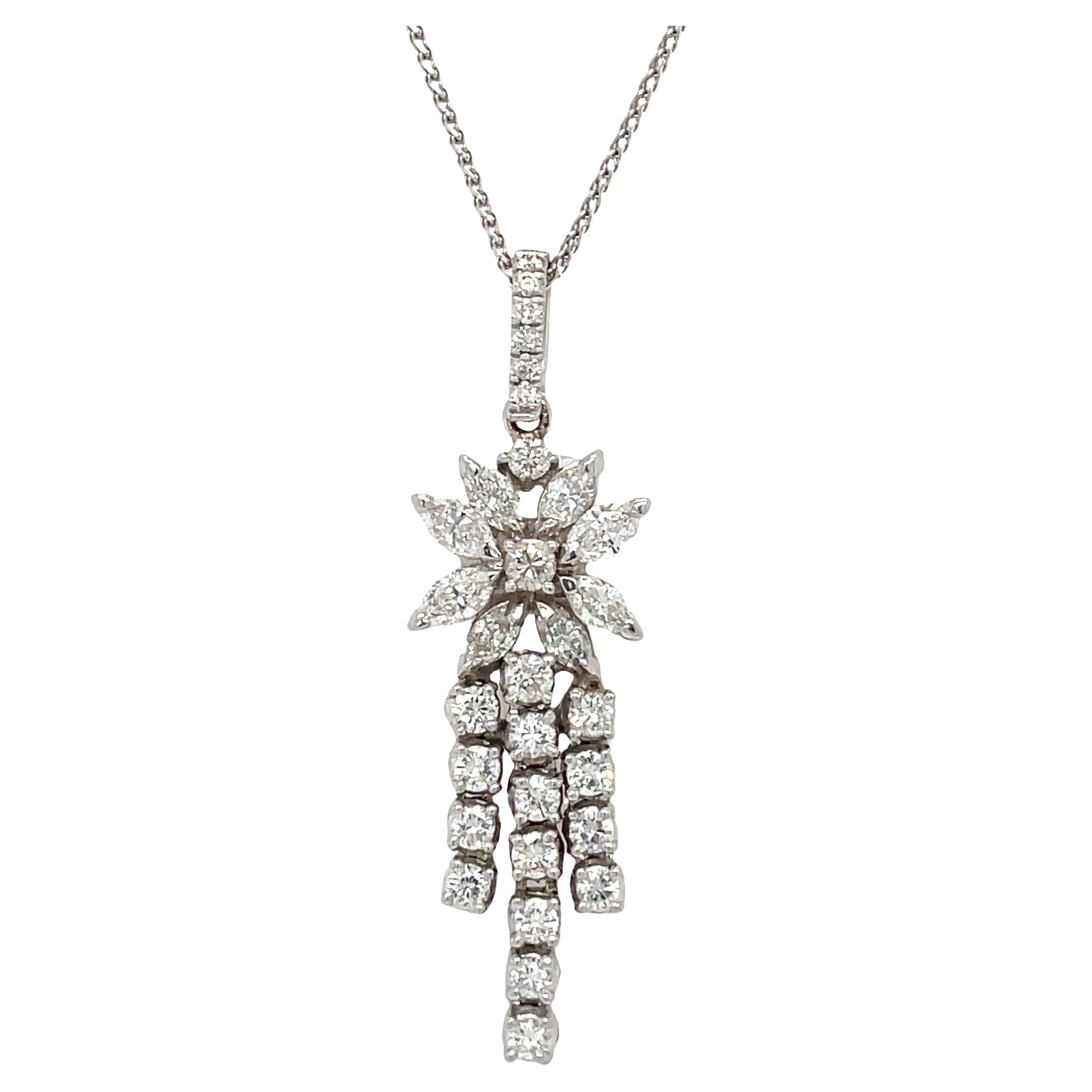 Diamond Flower Cluster Drop Pendant Necklace in 14k White Gold For Sale