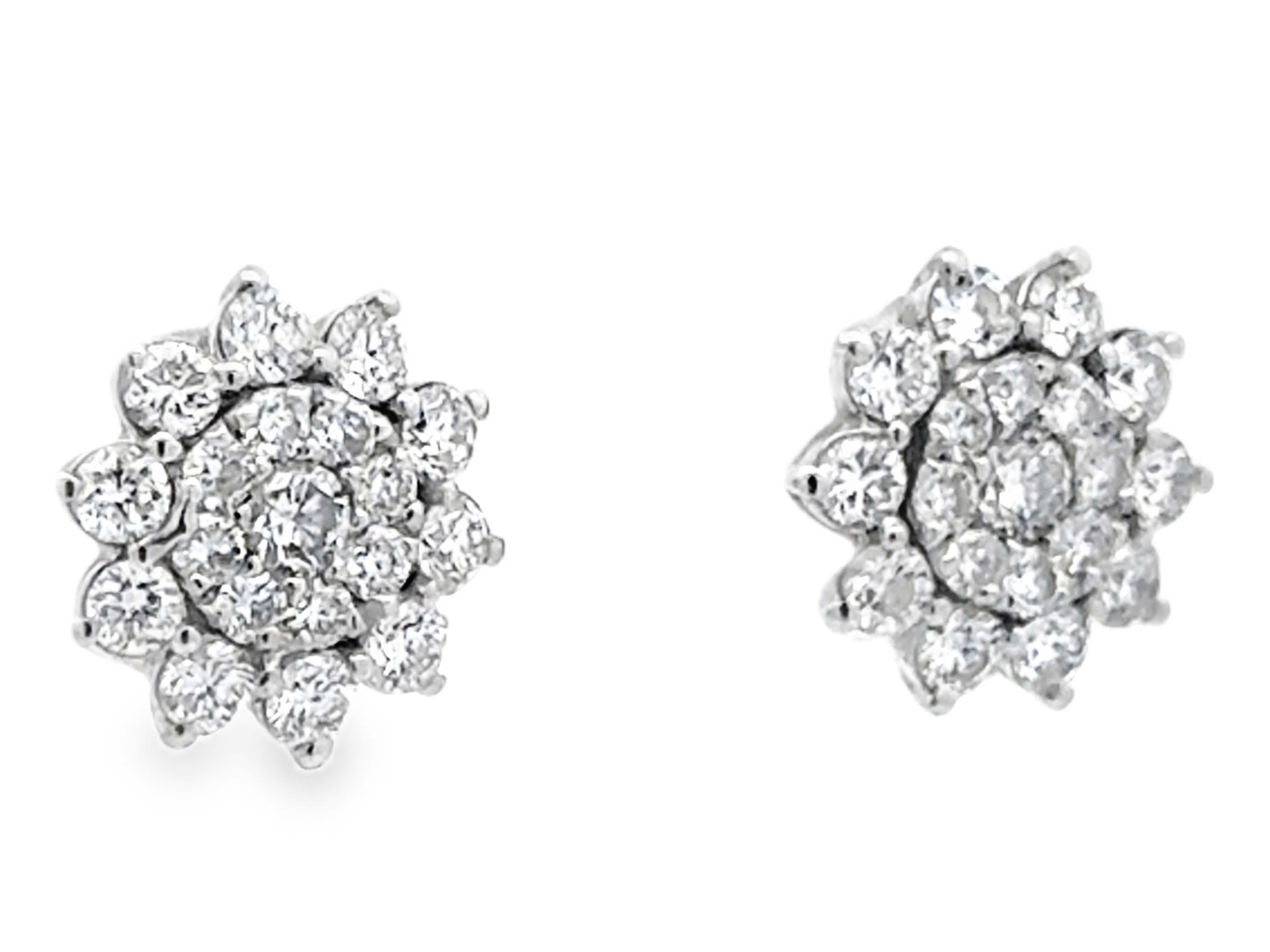 Modern Diamond Flower Cluster Halo Stud Earrings 14k White Gold For Sale