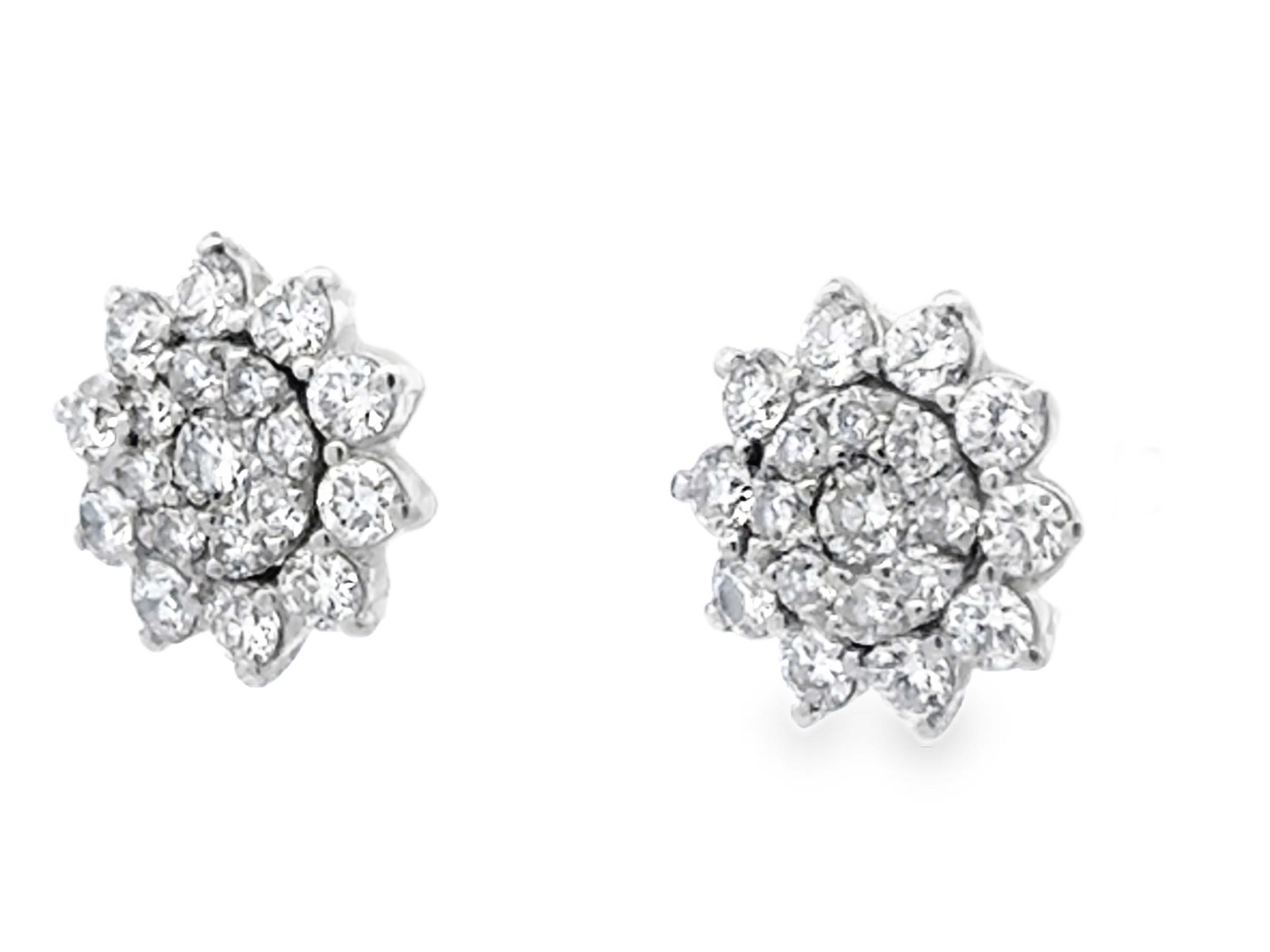 Brilliant Cut Diamond Flower Cluster Halo Stud Earrings 14k White Gold For Sale