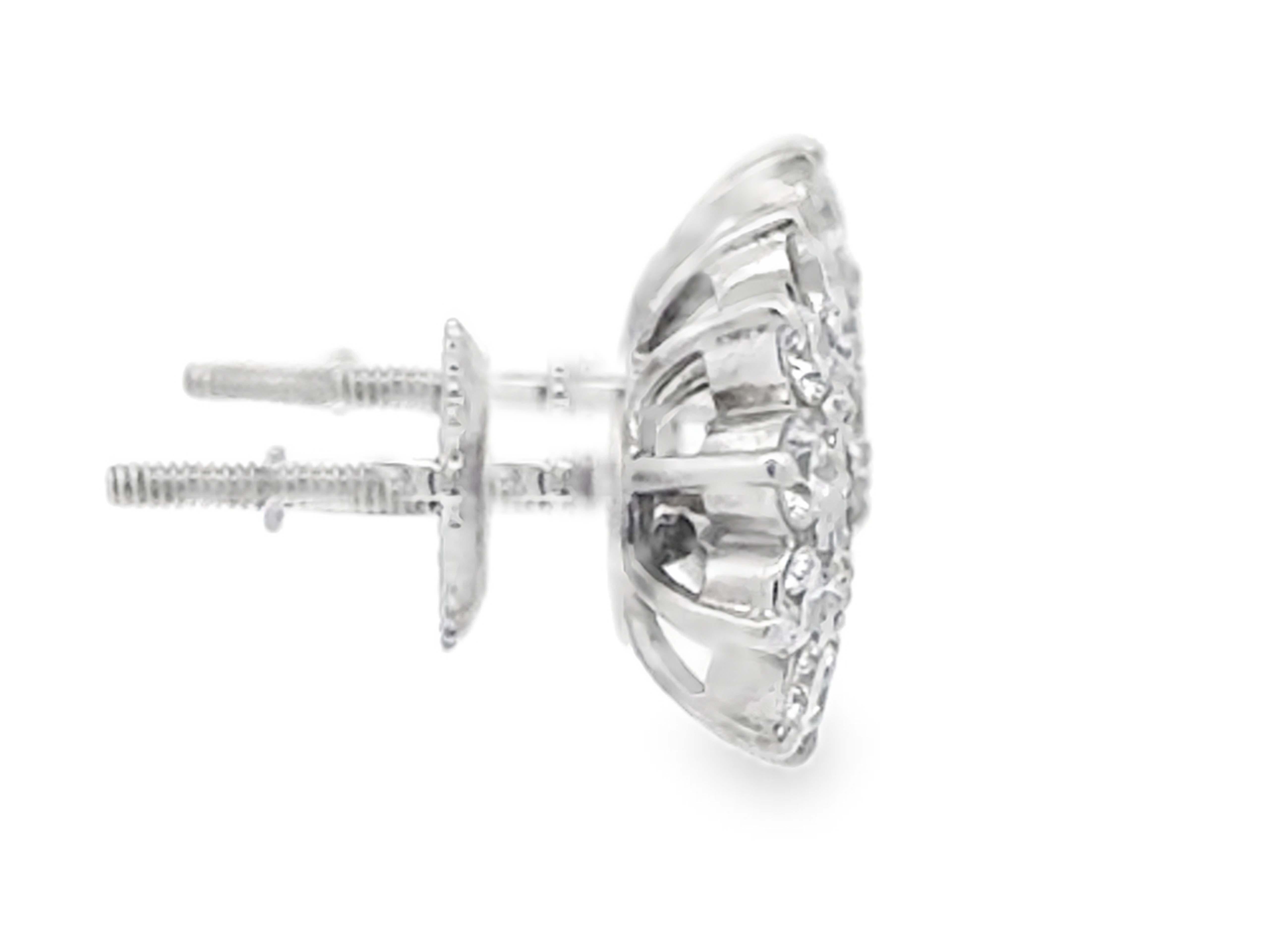 Diamond Flower Cluster Halo Stud Earrings 14k White Gold In Excellent Condition For Sale In Honolulu, HI