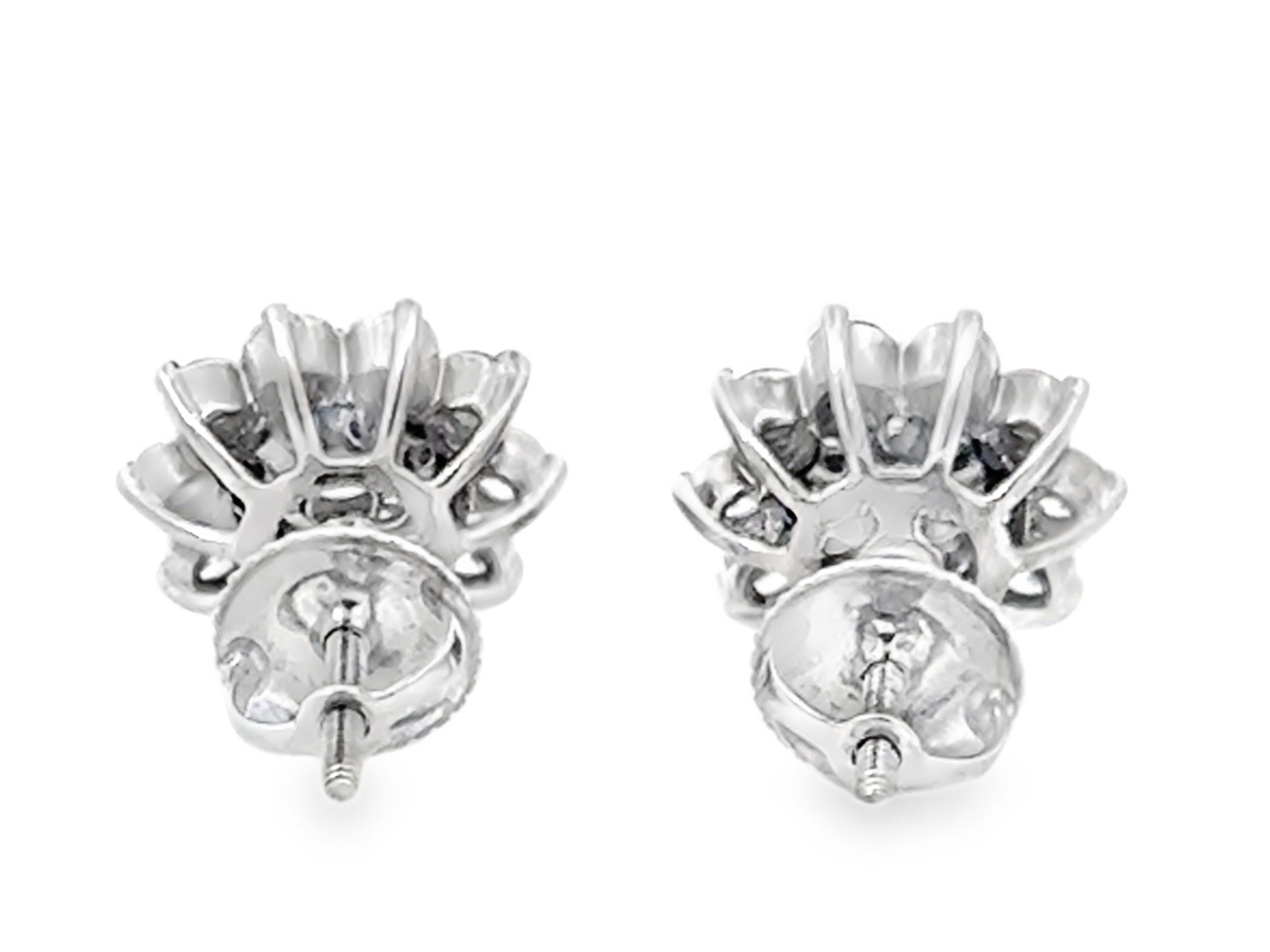 Diamond Flower Cluster Halo Stud Earrings 14k White Gold For Sale 1