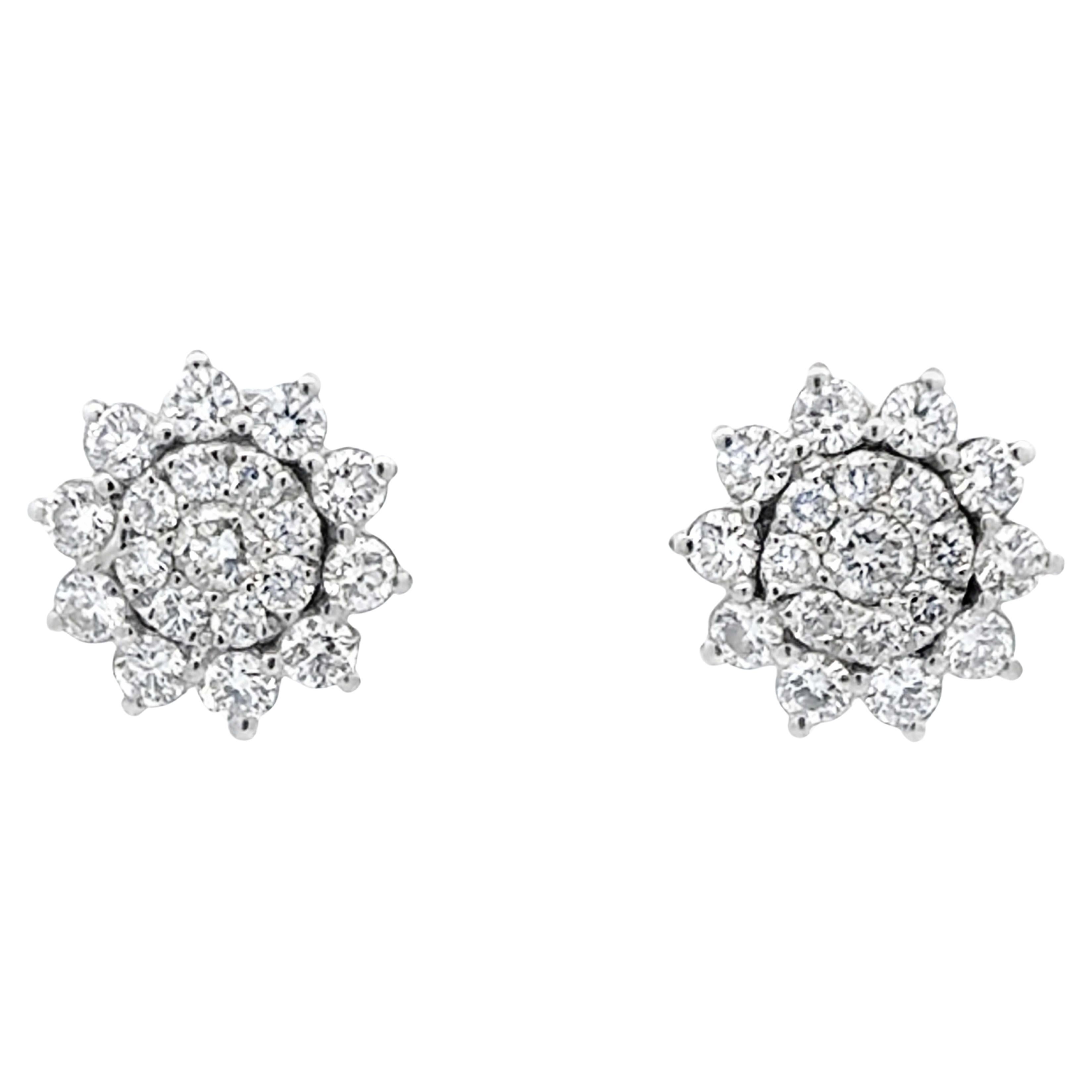 Diamond Flower Cluster Halo Stud Earrings 14k White Gold