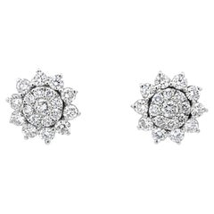 Diamond Flower Cluster Halo Stud Earrings 14k White Gold