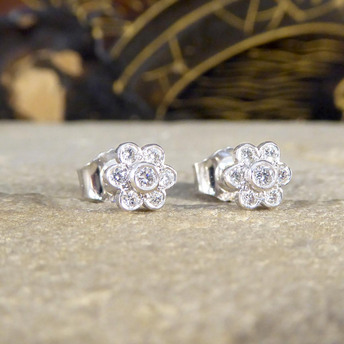 Edwardian Diamond Flower Cluster Stud Earrings in 18ct White Gold For Sale