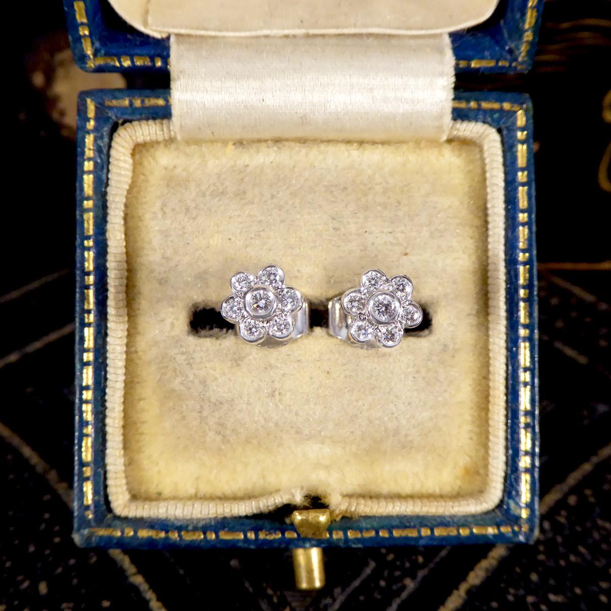 Diamond Flower Cluster Stud Earrings in 18ct White Gold For Sale 1