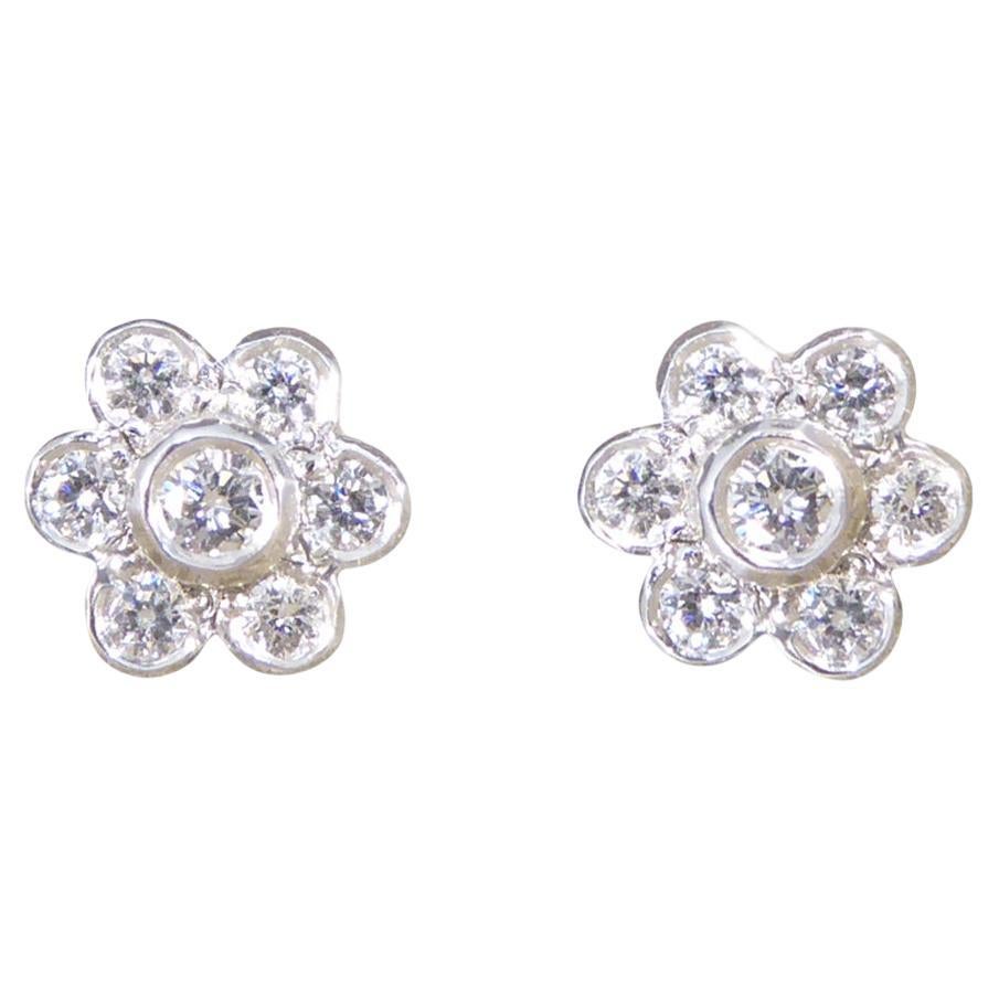 Diamond Flower Cluster Stud Earrings in 18ct White Gold For Sale