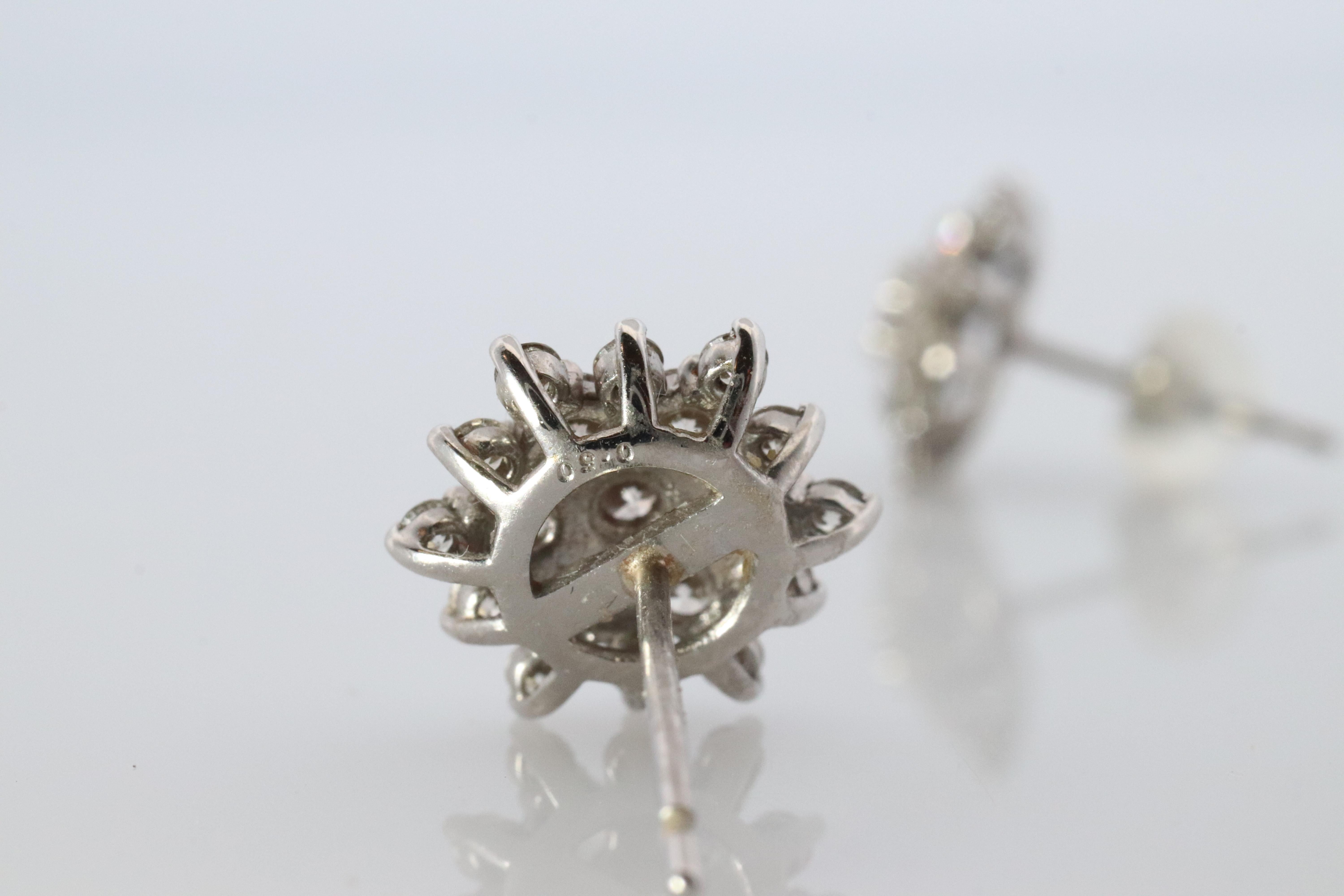 Diamond Flower Cluster Stud Earrings.  Platinum Earrings. Pt900 and 1CTW dia. For Sale 5