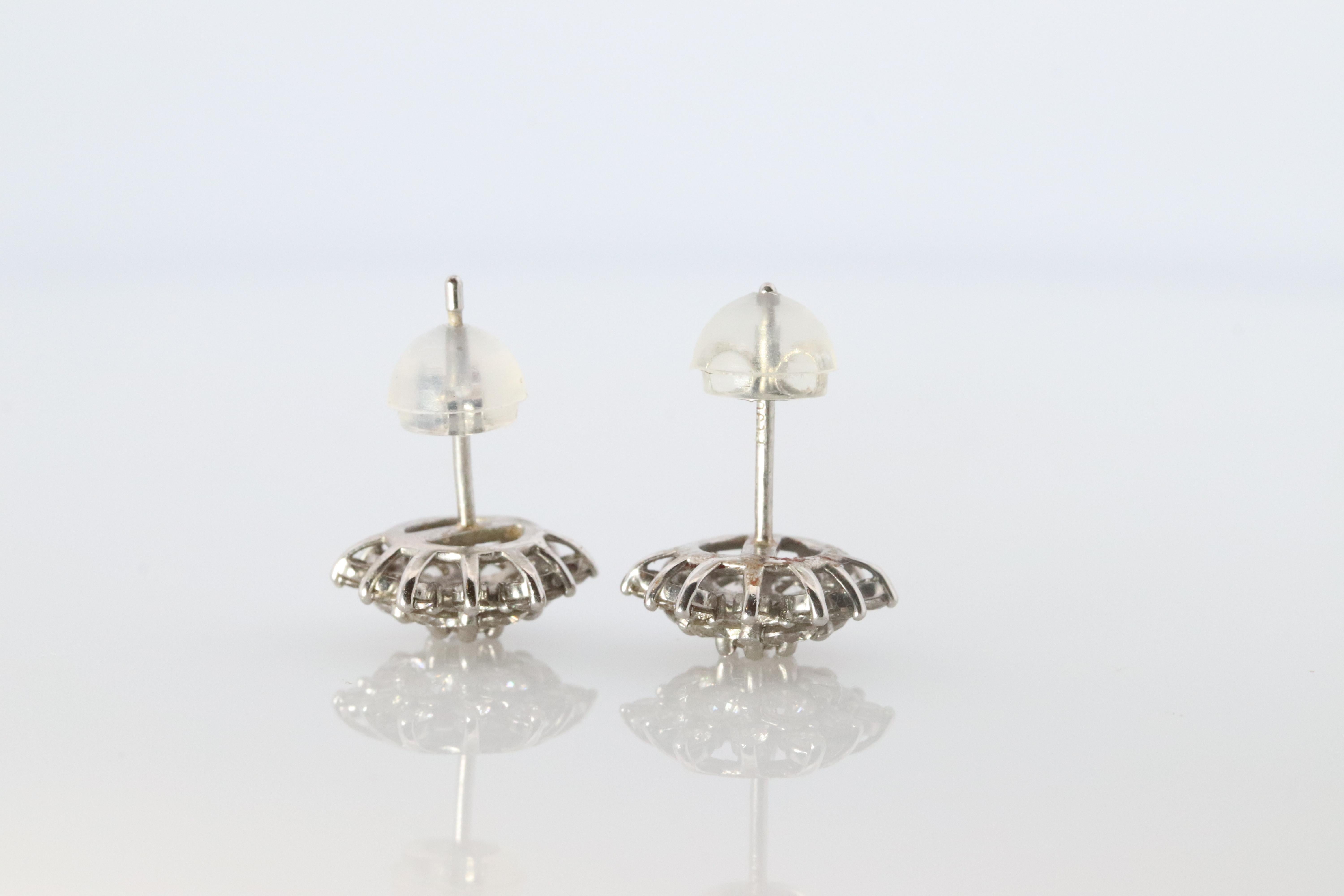 Diamond Flower Cluster Stud Earrings.  Platinum Earrings. Pt900 and 1CTW dia. For Sale 2