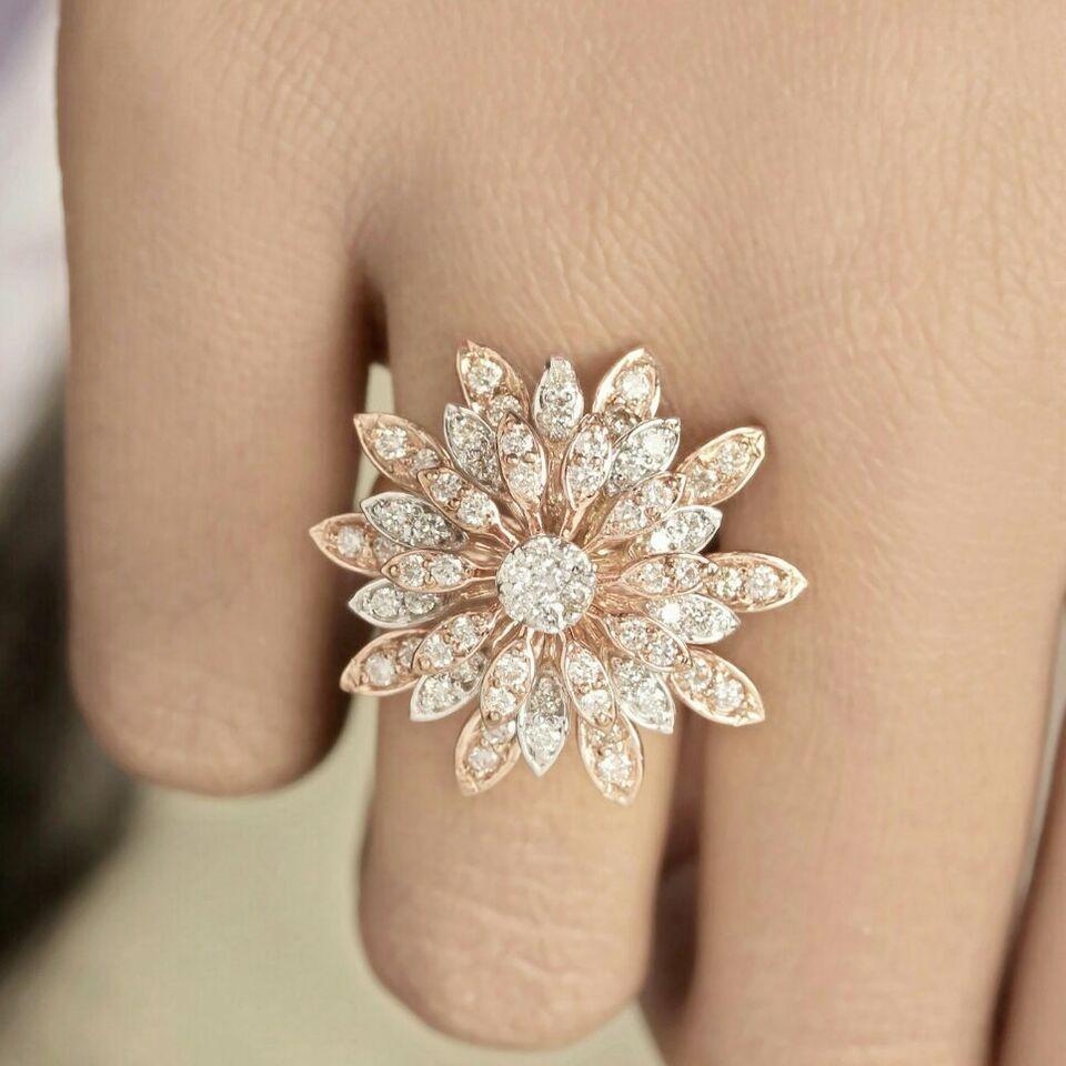 Round Cut Diamond Flower Cocktail Ring 14k Rose Gold Pave Diamond For Sale