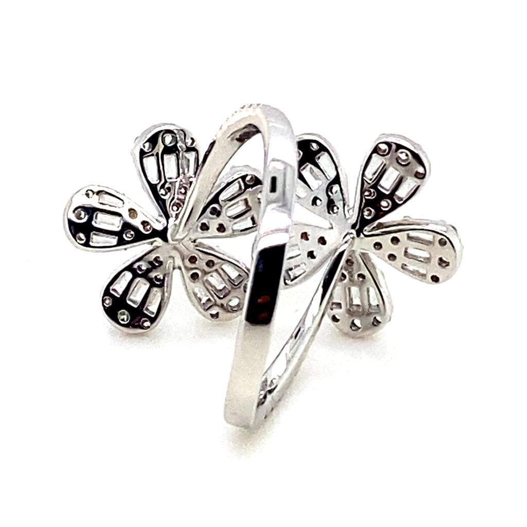 Modern Diamond Flower Cross Over Ring 18 Karat White Gold For Sale