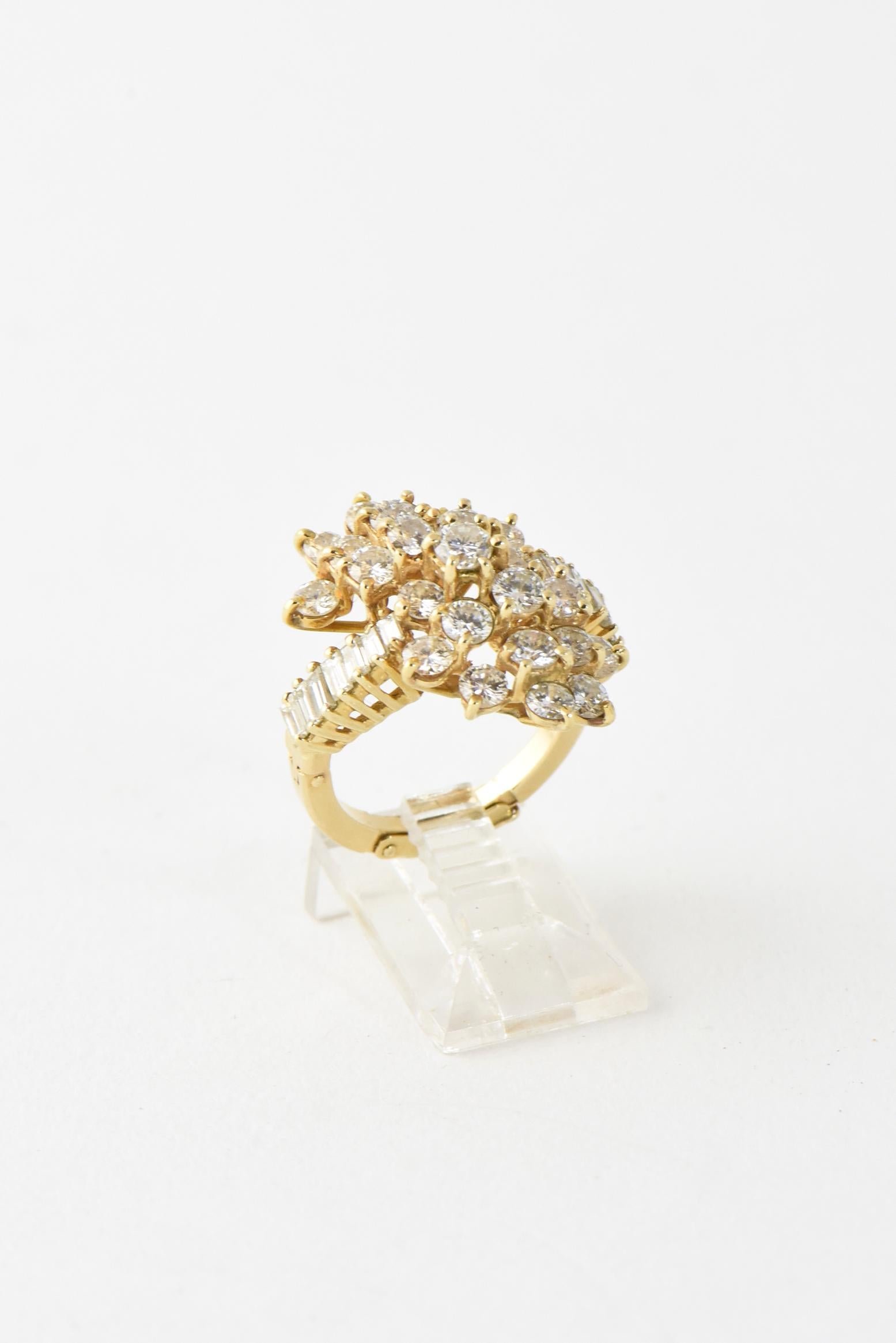 Round Cut Diamond Flower Crossover Yellow Gold Cocktail Ring For Sale