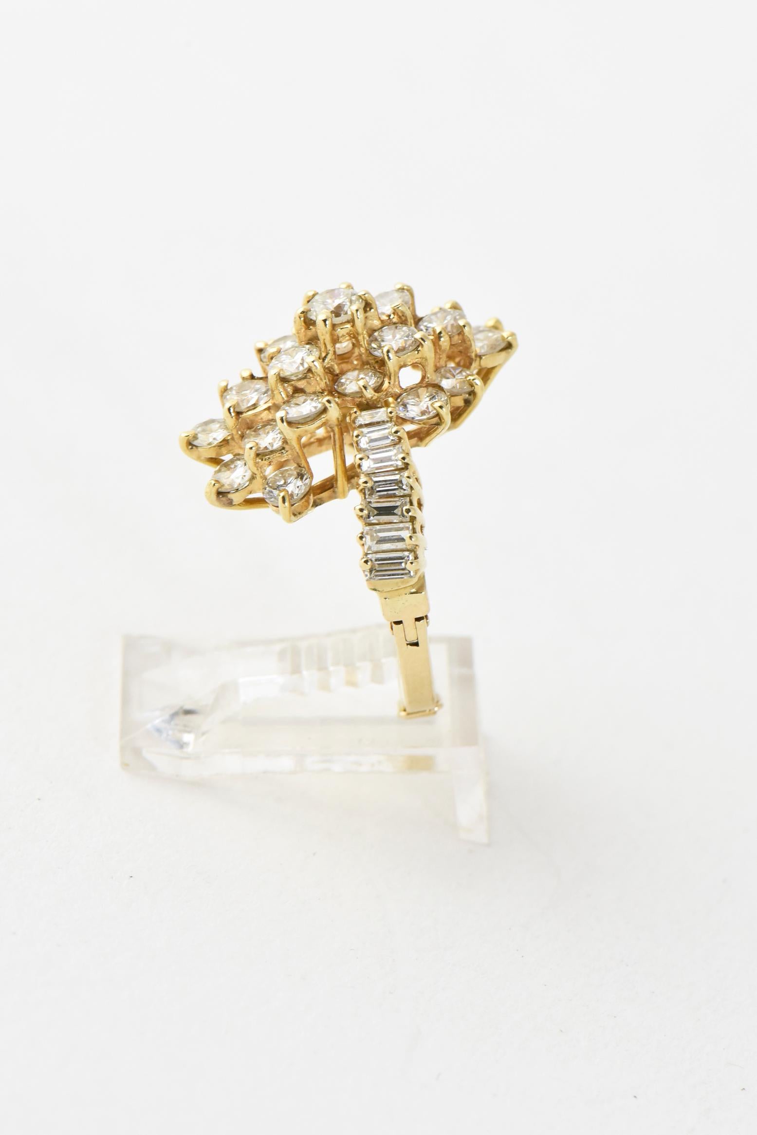 Diamond Flower Crossover Yellow Gold Cocktail Ring In Good Condition For Sale In Miami Beach, FL
