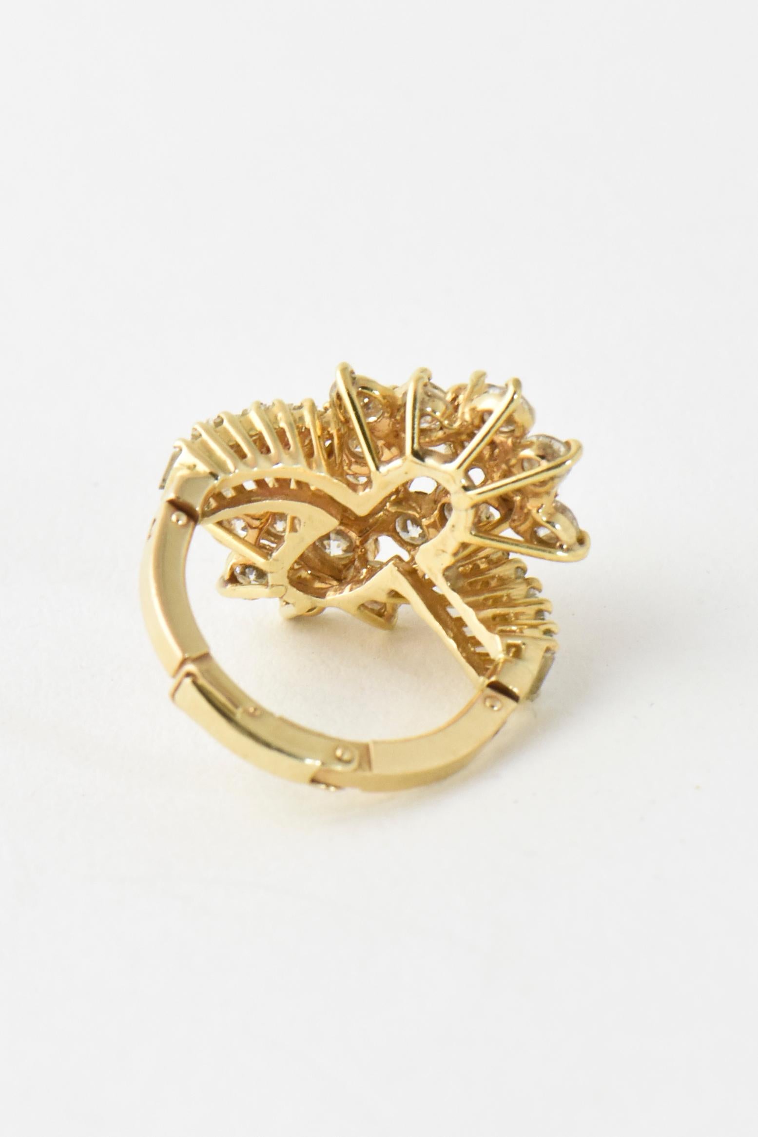 Diamond Flower Crossover Yellow Gold Cocktail Ring For Sale 1