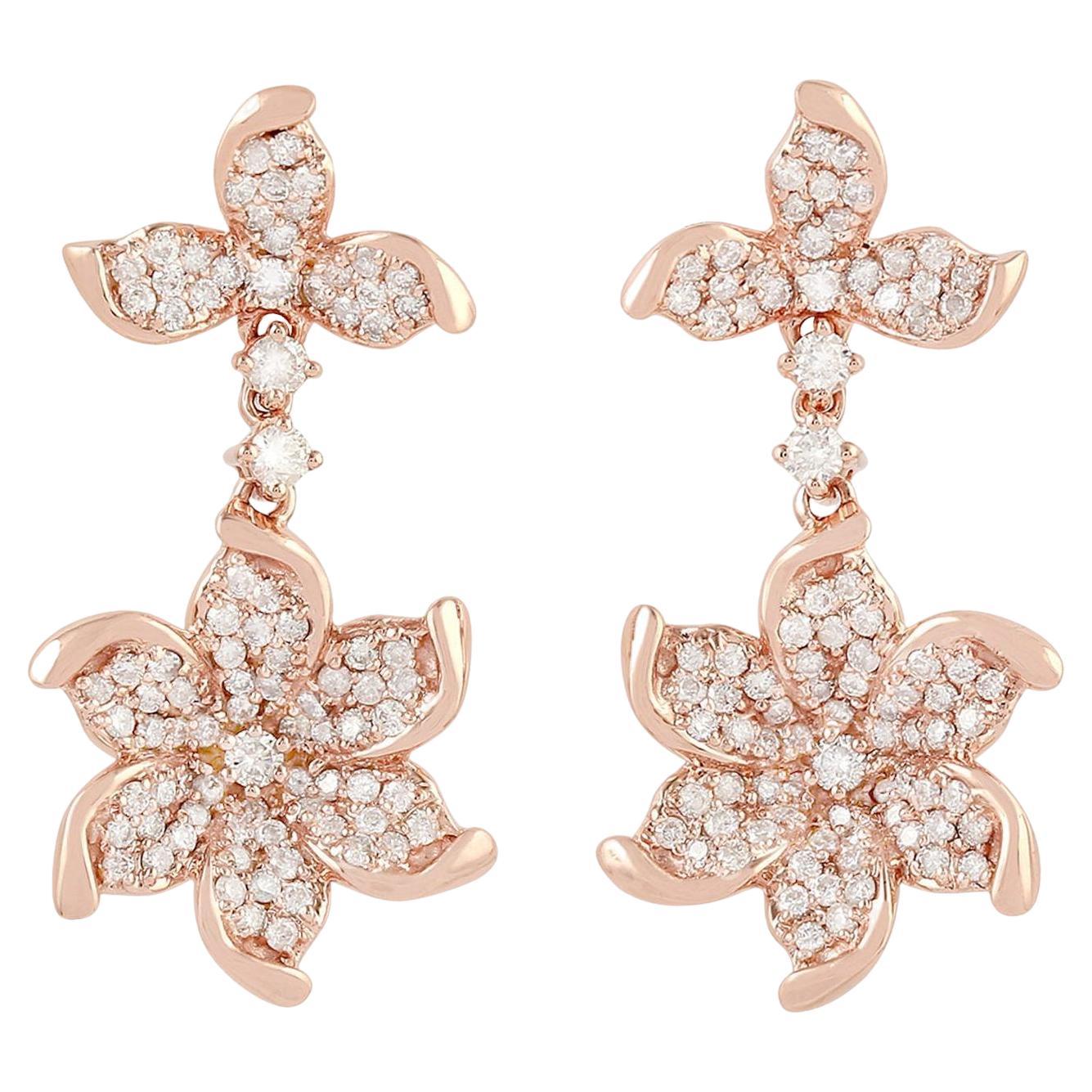 Diamond Flower Dangle Earrings 0.94 Carats 18K Rose Gold For Sale