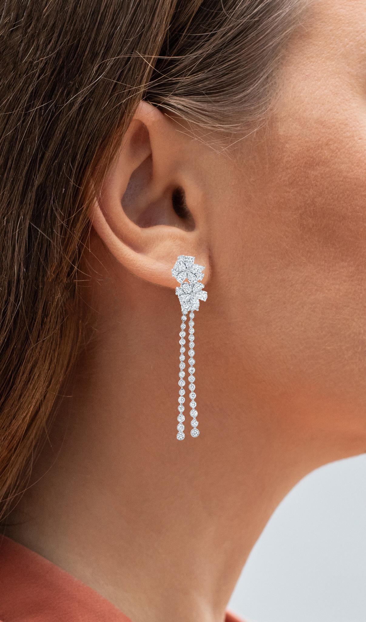 Contemporary Diamond Flower Dangle Earrings Pear Marquise Round 4.5 Carats 18K White Gold For Sale