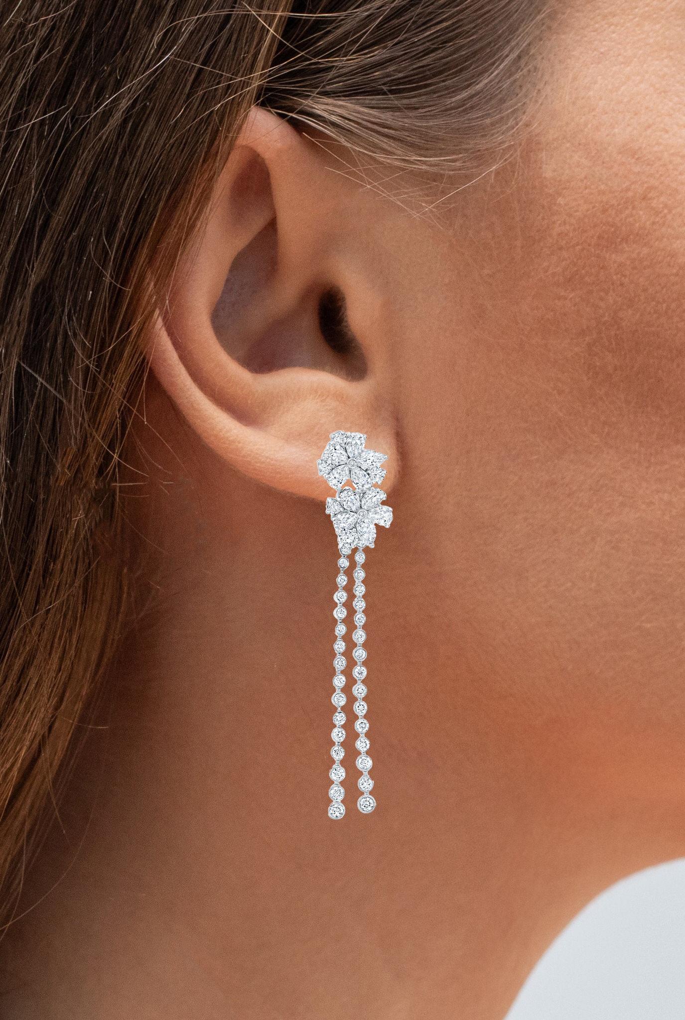 Mixed Cut Diamond Flower Dangle Earrings Pear Marquise Round 4.5 Carats 18K White Gold For Sale