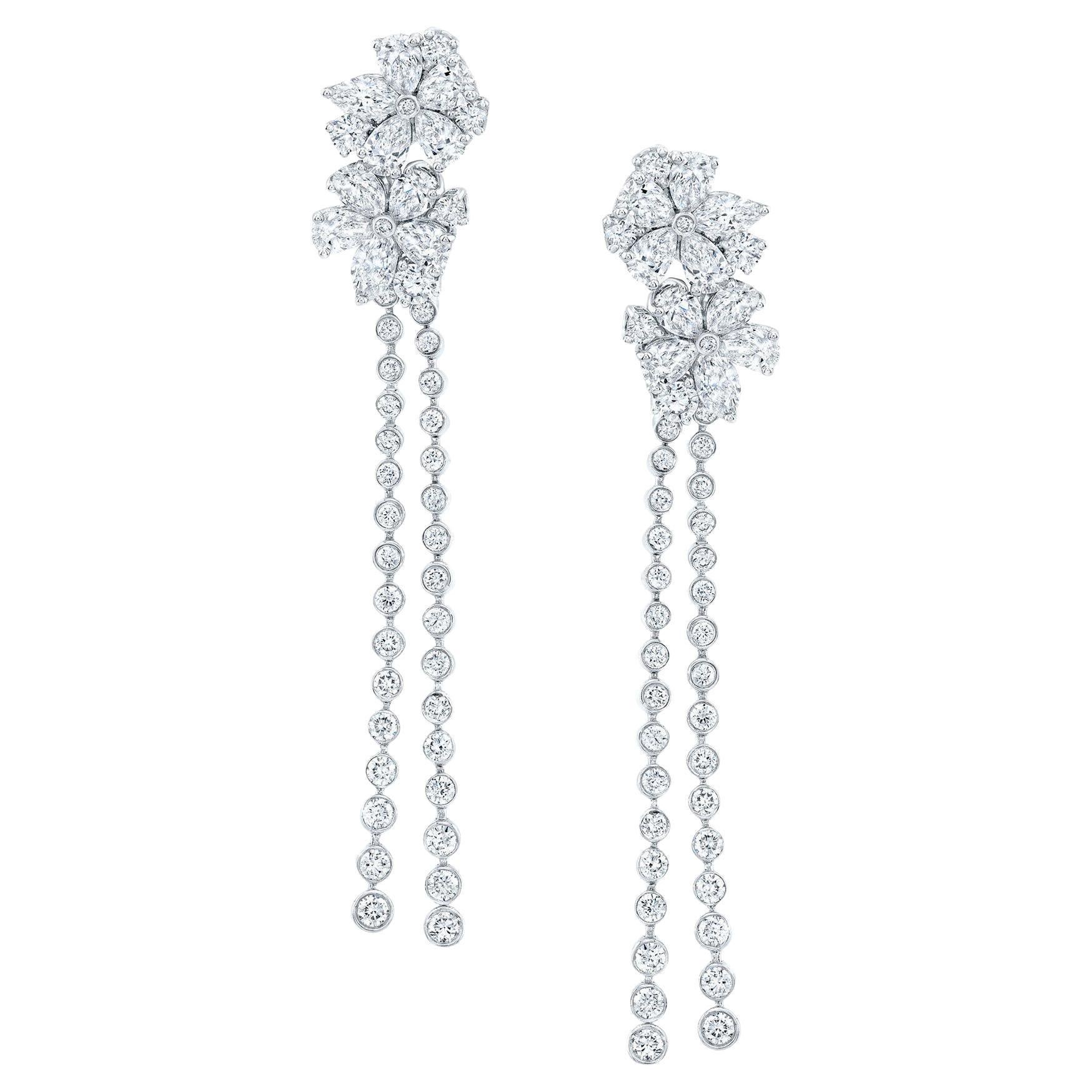 Diamond Flower Dangle Earrings Pear Marquise Round 4.5 Carats 18K White Gold