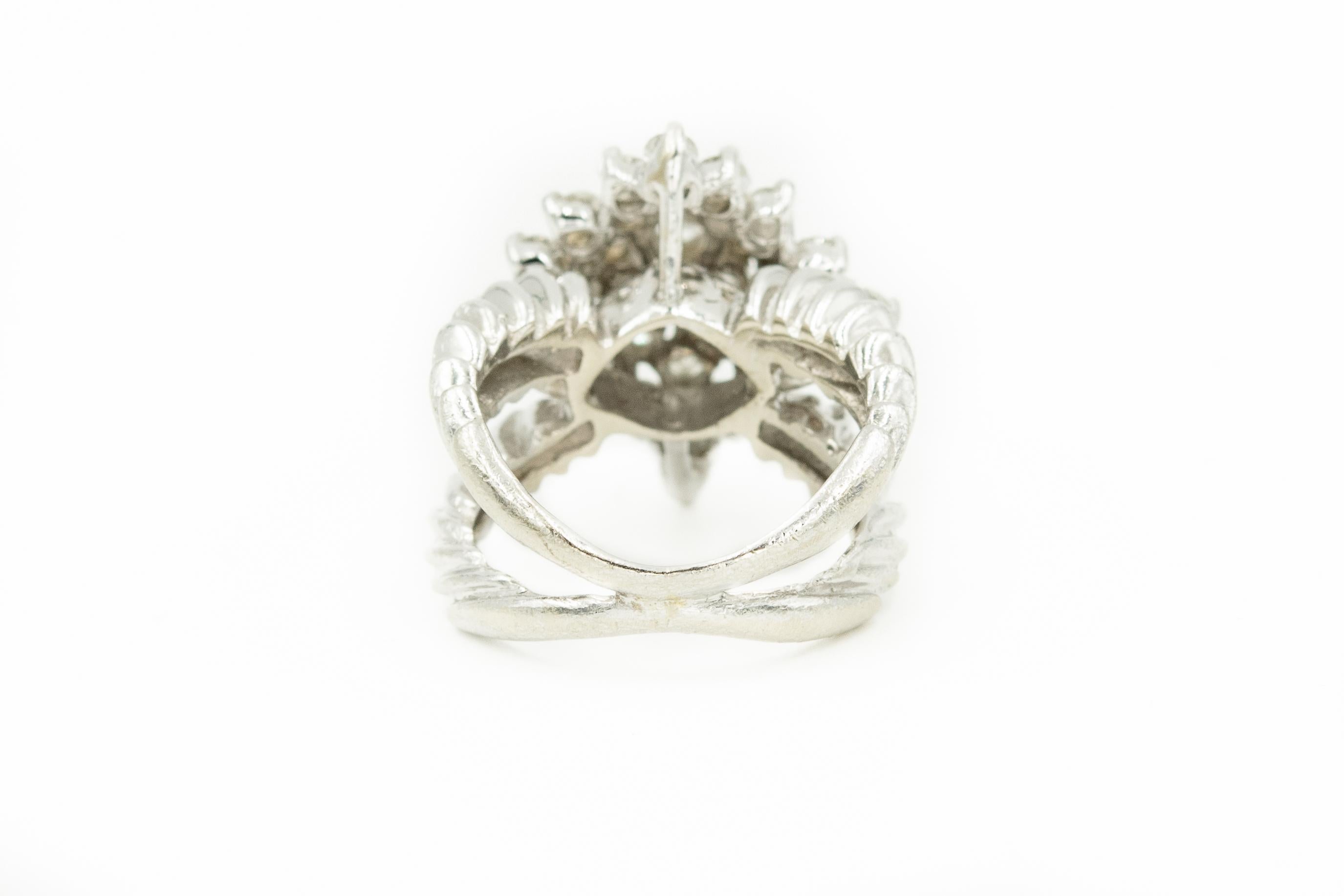 Diamond Flower Dome White Gold Crossover Band Ring In Good Condition For Sale In Miami Beach, FL
