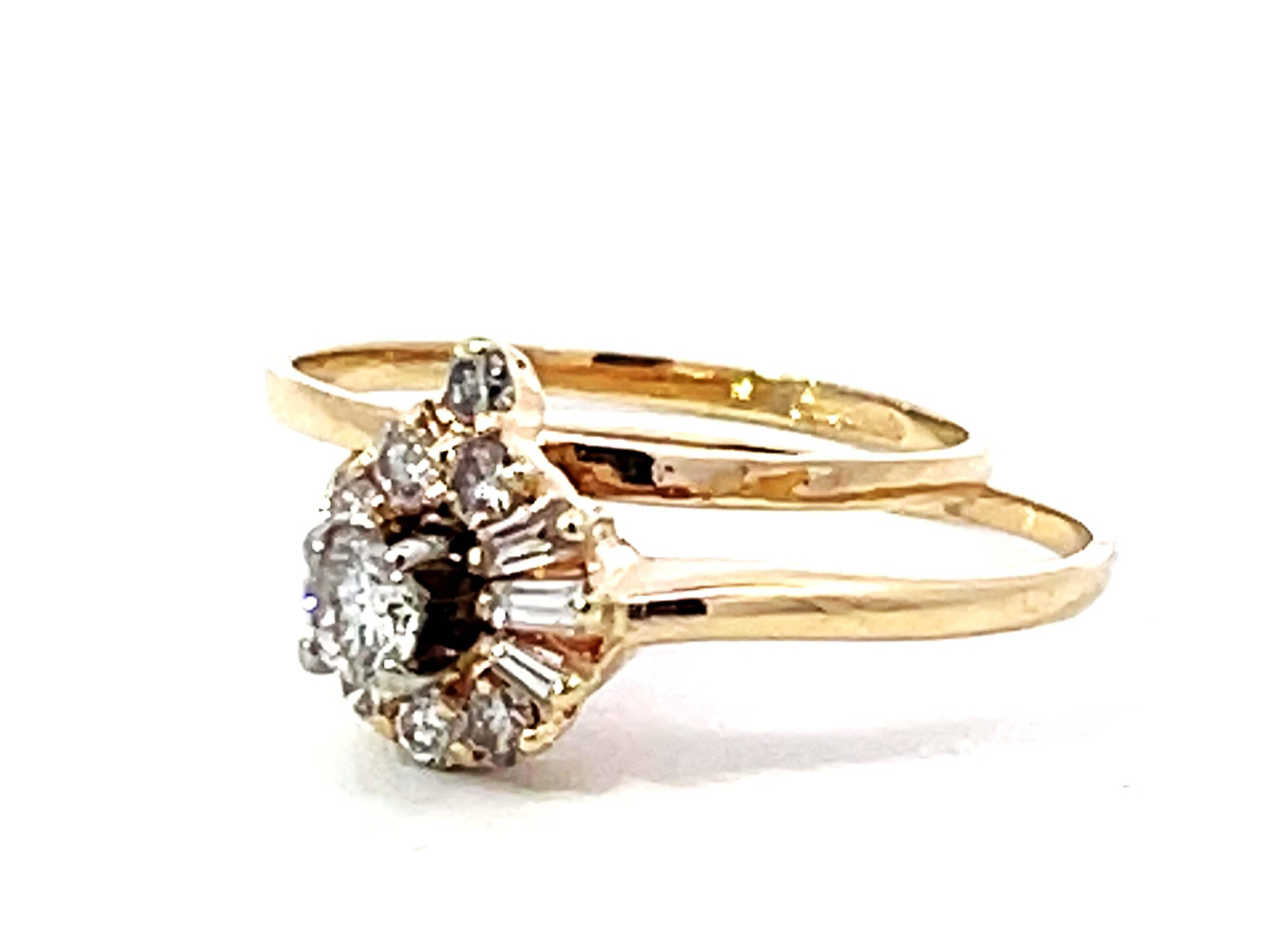 Brilliant Cut Diamond Flower Double Band Ring Solid 14K Yellow Gold For Sale
