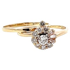 Diamond Flower Double Band Ring Solid 14K Yellow Gold