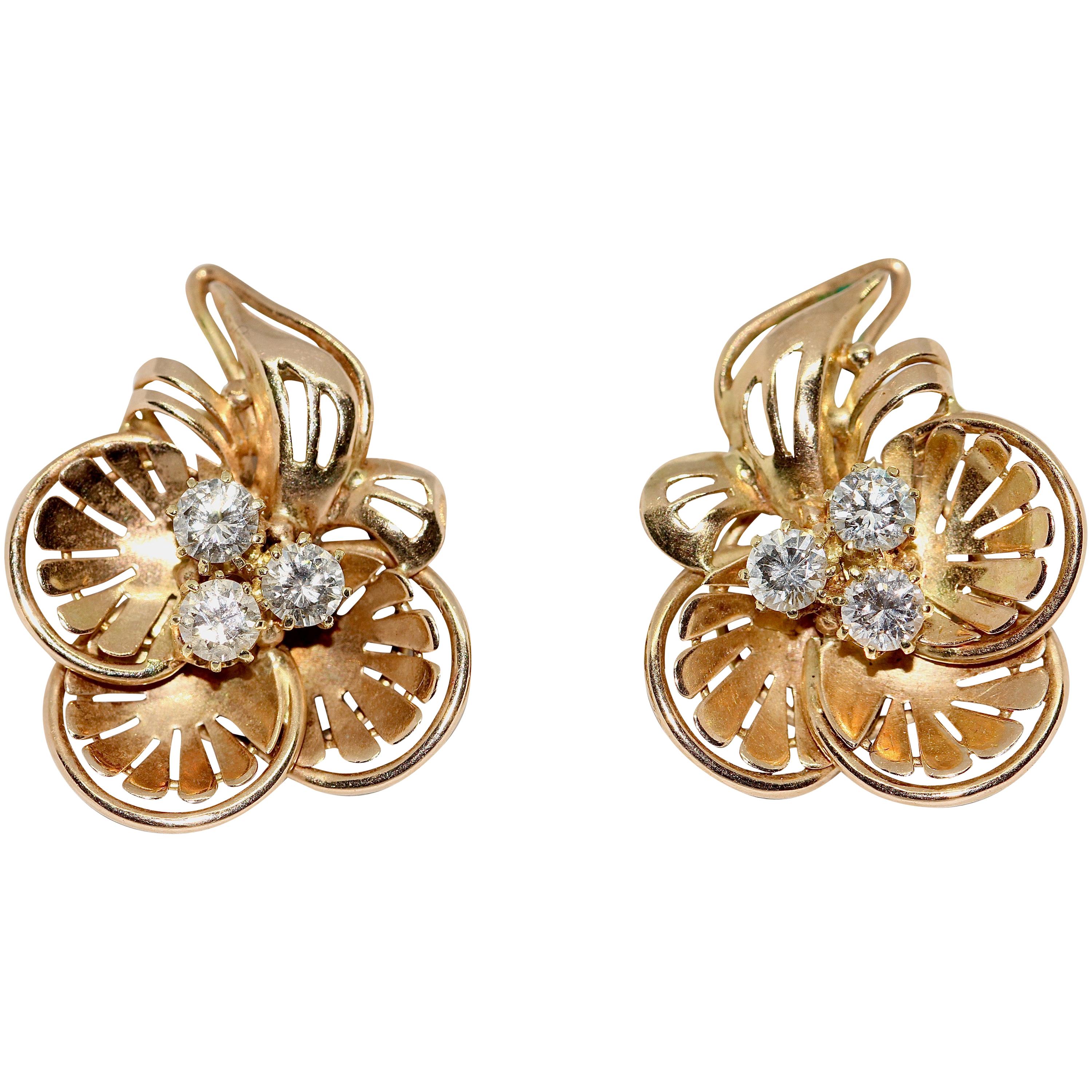 Diamond Flower Ear Clips, Earrings, Rose Gold