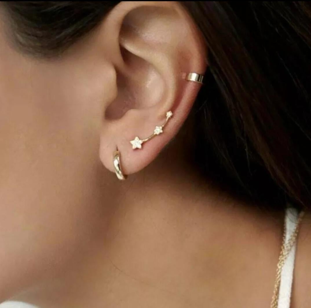 Round Cut Diamond Flower Ear Cuffs 14K Solid Gold Handmade Cuff Earrings For Women. For Sale